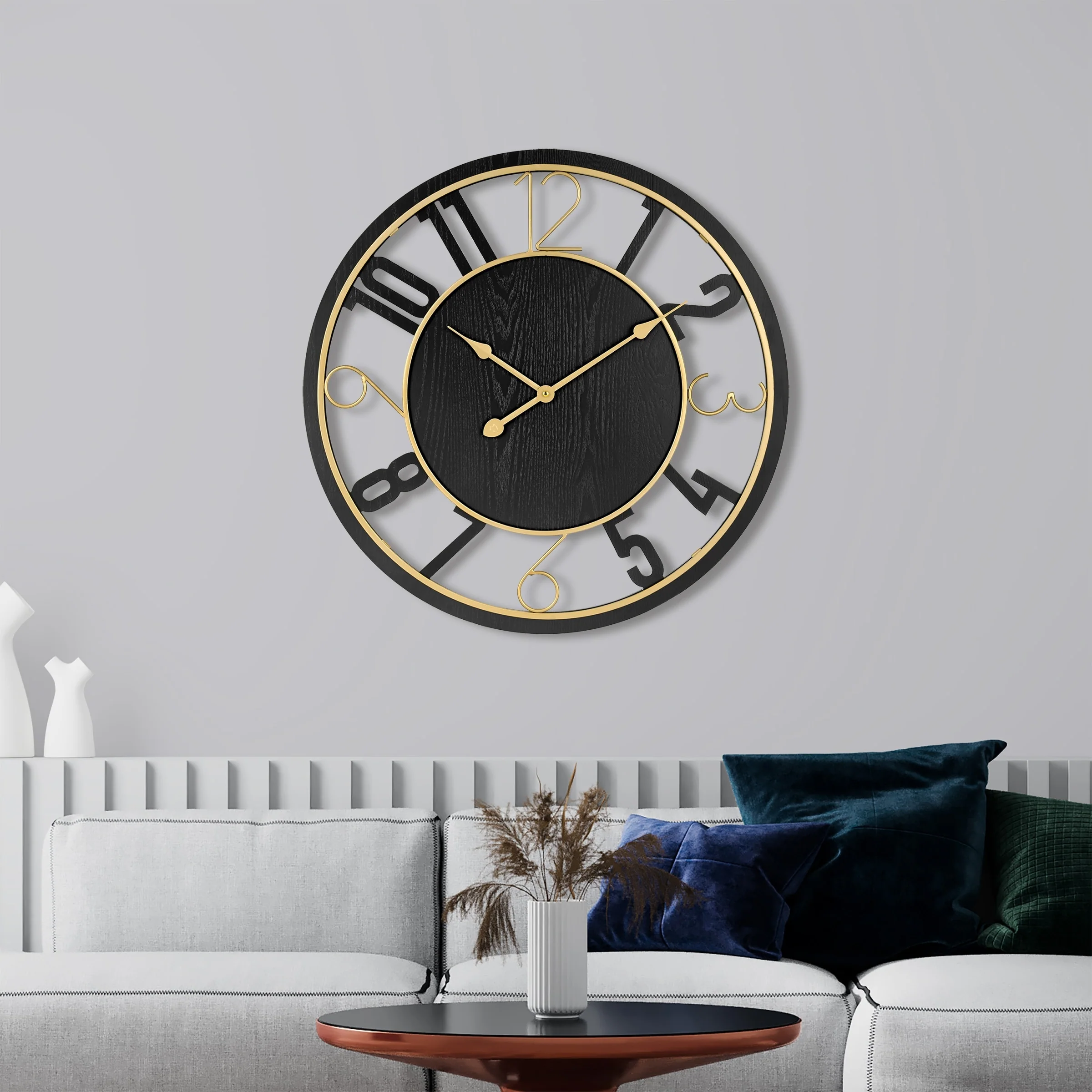 24 Inch Round Wooden Wall Clock, Modern Analog Clock with Numeral Design, Battery Operated - Image 8