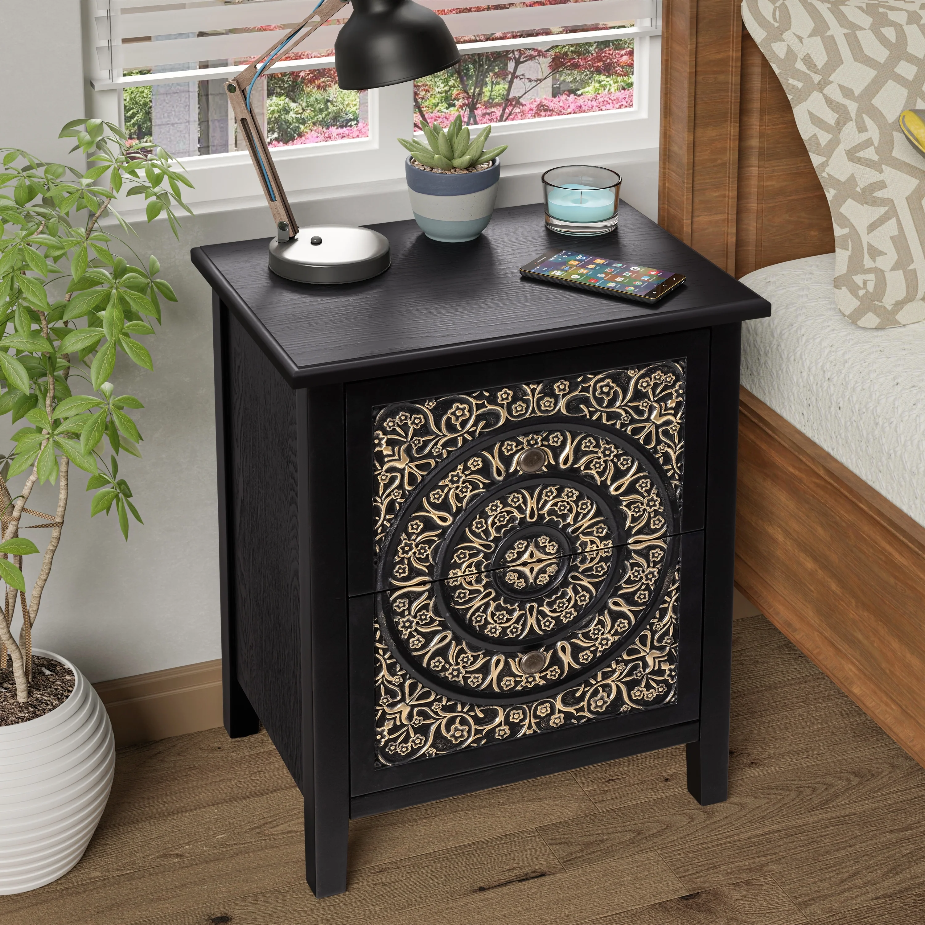 Farmhouse Fully Assembled Nightstand with 2 Drawers, Flower Motif End Table for Small Spaces - Image 12