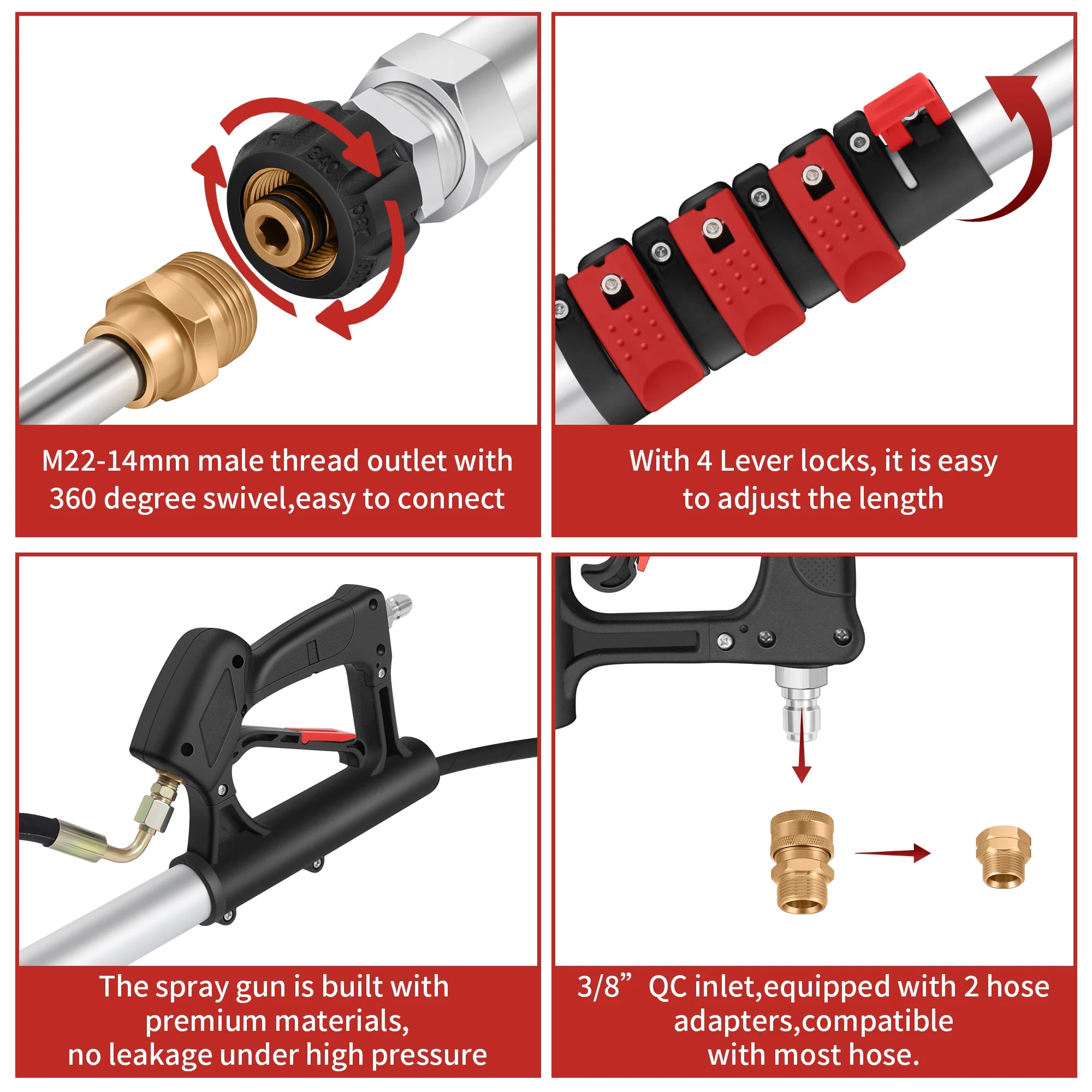 24 FT Gutter Cleaning Tools from The Ground - Telescoping Pressure Washer Wand - Gutter Cleaner Attachment with Power Washer Extension Wands, Brush, 7 Spray Nozzle Tips, 2 Hose Adapters, Support Belt - Image 4