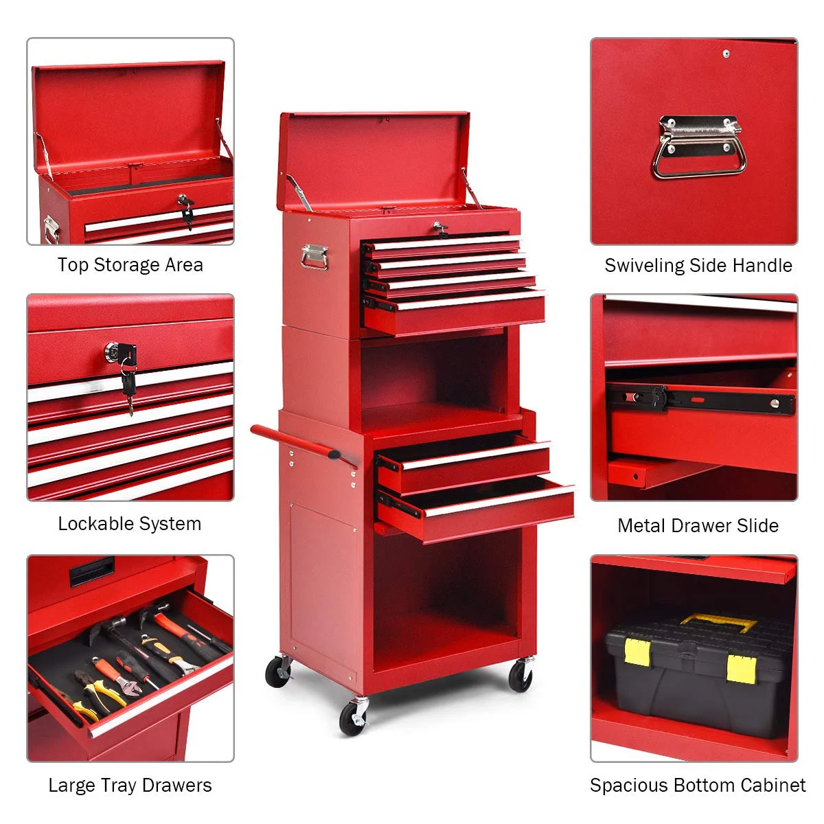 NIGSQJB 3-In-1 Tool Chest on Wheels with 6 Drawers, 52"H Tool Storage Cabinet with Auto Locking System,Detachable Top,Tool Box Organizer for Garage,Workshop,Repair Shop,DIY, Red - Image 2