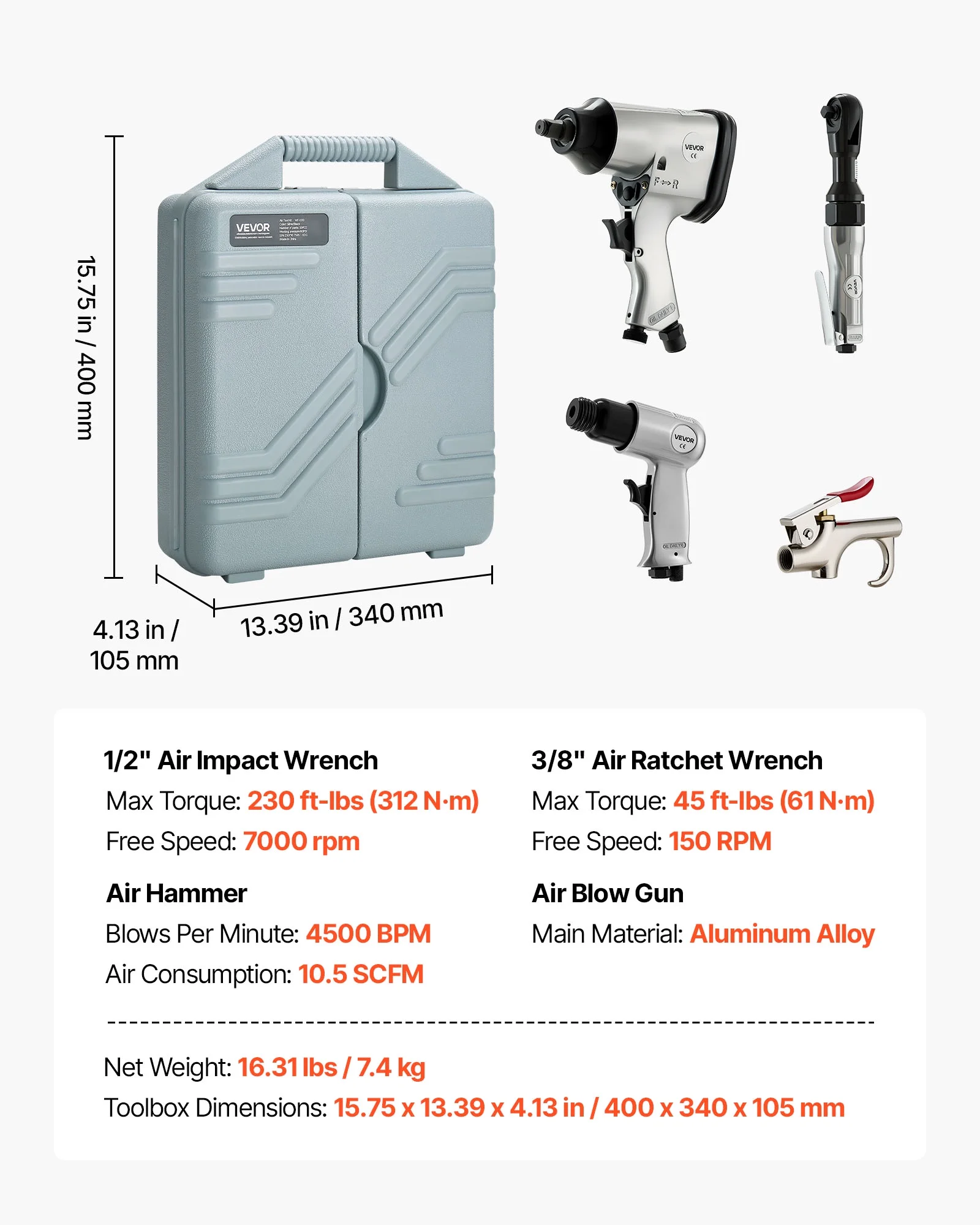 VEVOR 50 Pieces Pro Air Tool and Accessories Kit - 1/2" Air Impact Wrench, 3/8" Ratchet Wrench, 4500BPM Hammer, Blow Gun & Full Accessories for Auto Repairs, Home DIY Projects - with Storage Case - Image 7