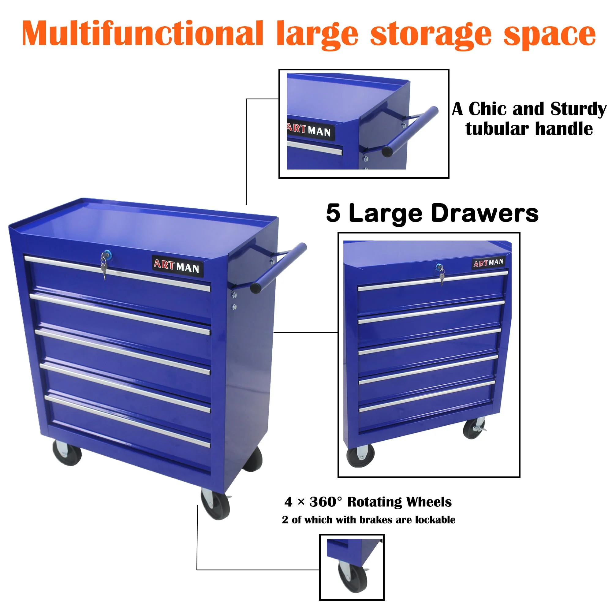 NIGSQJB 5 Large Drawers Tool Cart on Wheels, 29.9"H Rolling Tool Chest Tool Storage Box, Drawers Rolling Tool Trolley Organizer Tool Case for Garage, Warehouse, Workshop and Repair Shop, Blue - Image 3