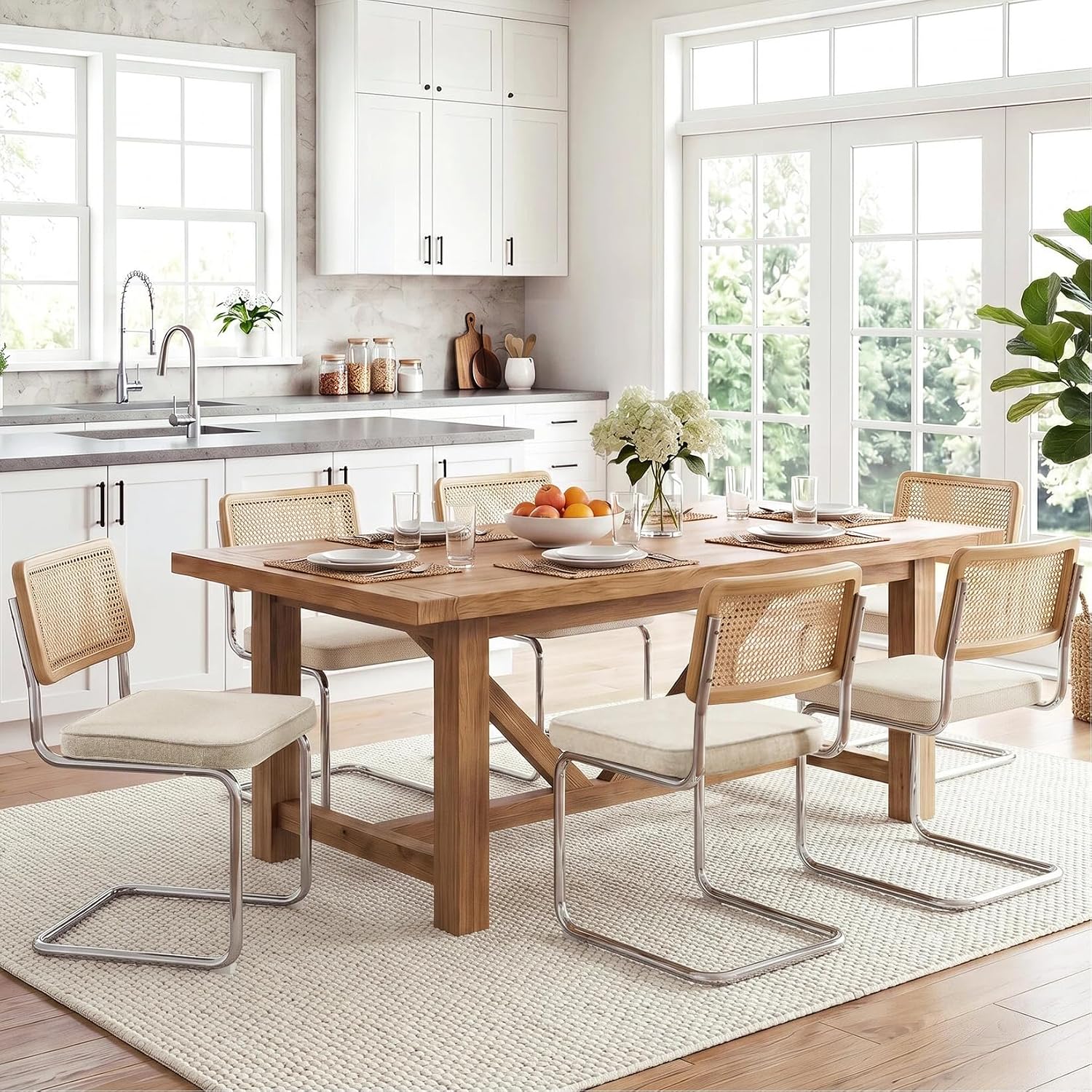 Natural Rattan Dining Chairs Set of 2, Modern Cesca Kitchen Chair - Image 2