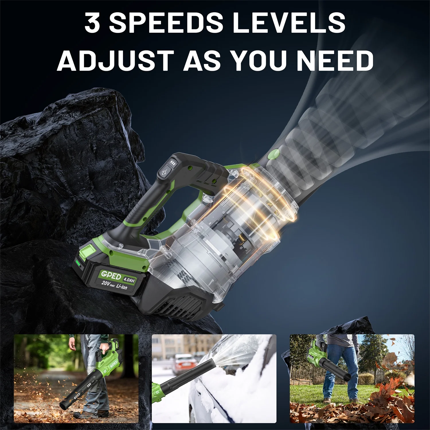 GPED Leaf Blower, 3 Speed Adjustment Electric Cordless Leaf Blower with 2 x 4.0Ah Batteries, Charger, Shoulder Strap, 580CFM/160MPH, Ideal for Patio Cleaning, Lawn Care, Blowing Leaves, Green - Image 9