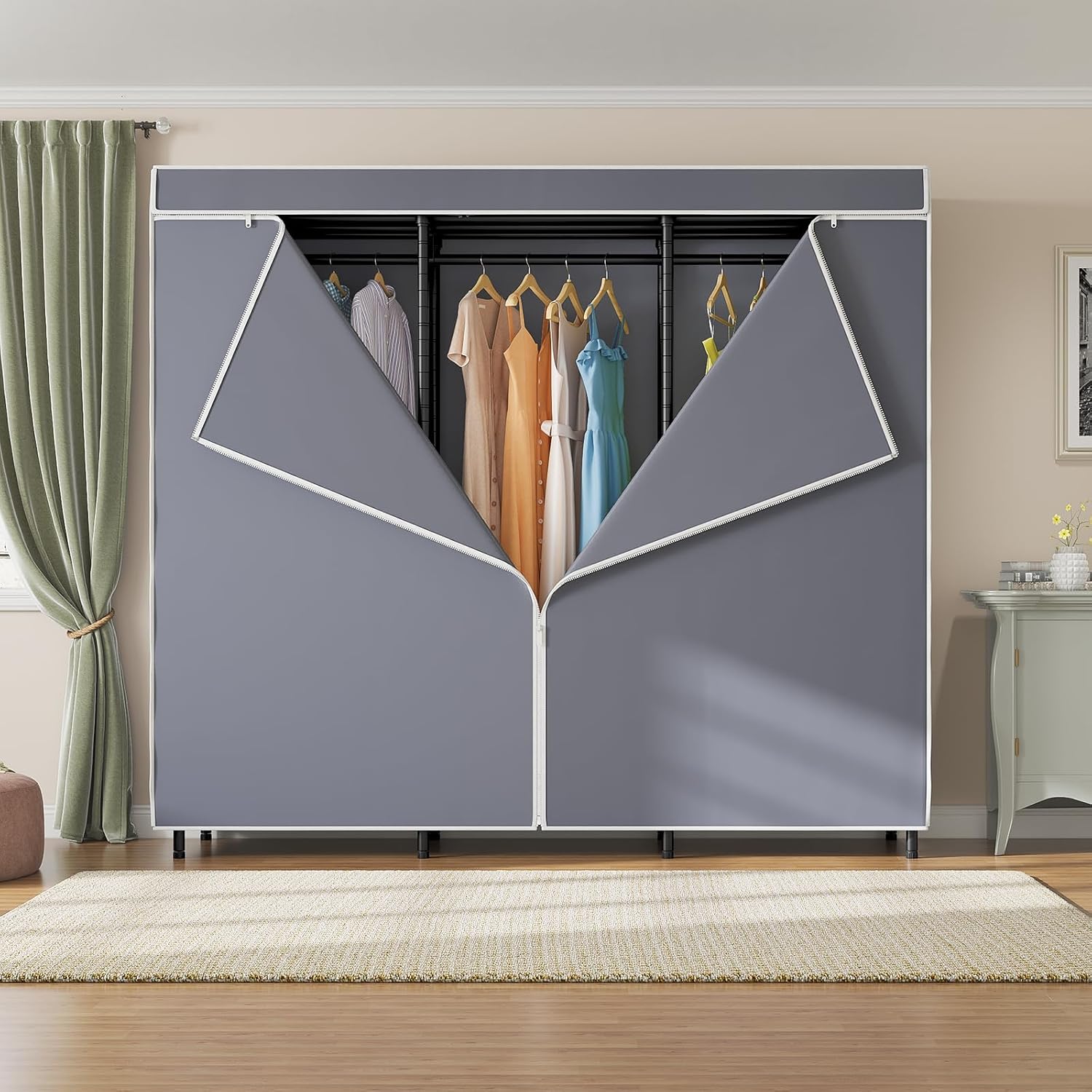 V5C SE Covered Garment Rack Heavy Duty Clothes Rack with Cover and Adjustable Shelves, Freestanding Portable Closet Racks Clothes Storage Wardrobe Closets, Black Clothing Racks with Grey Cover - Image 8