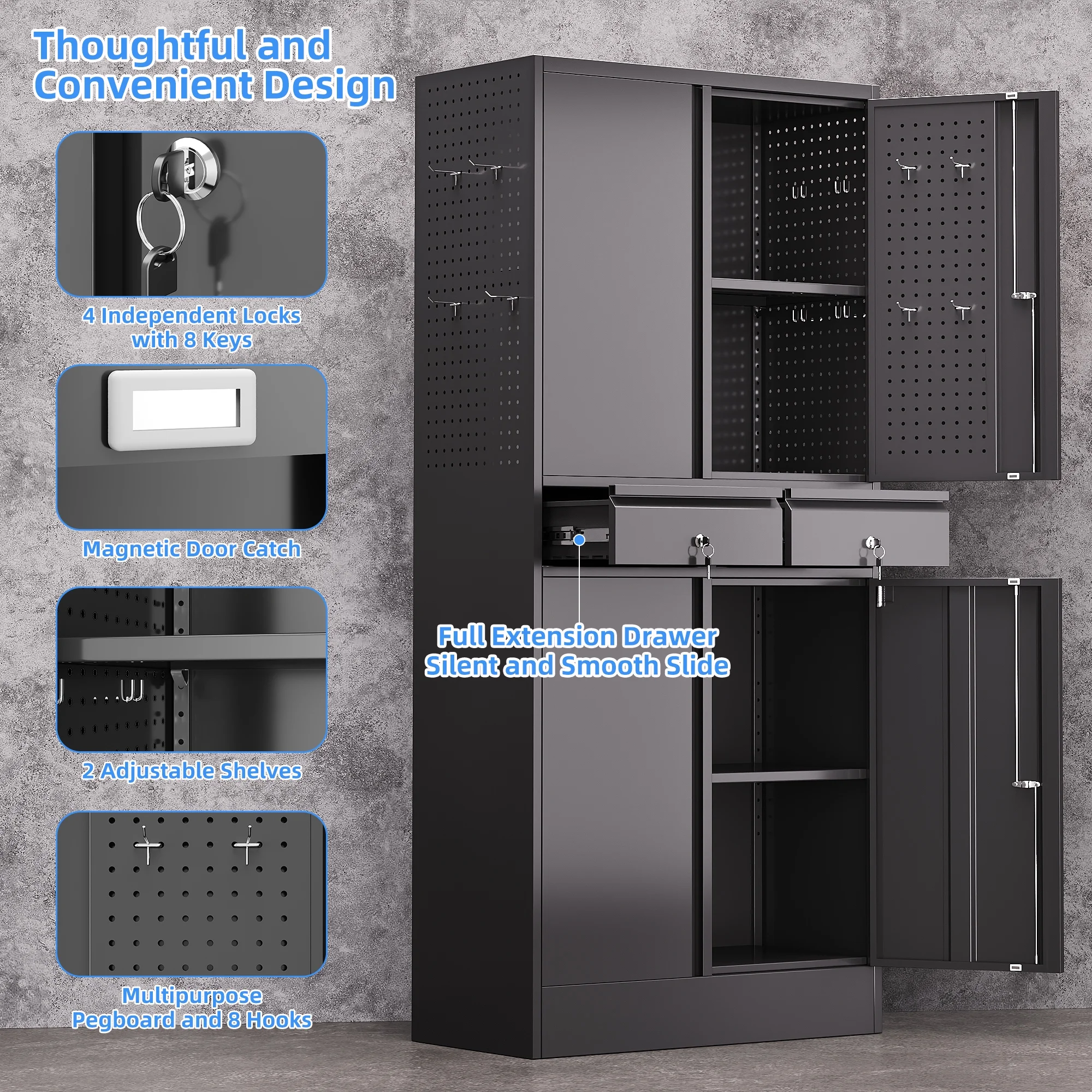 GAEANET 2 Door Metal Storage Cabinet with 5 Adjustable Shelves &Pegboard, 71" H-32" W-16" D Locking Steel Garage Cabinet, for Garage,Office,Home,Gym,School, File Cabinet,Assembly Required, Black - Image 29