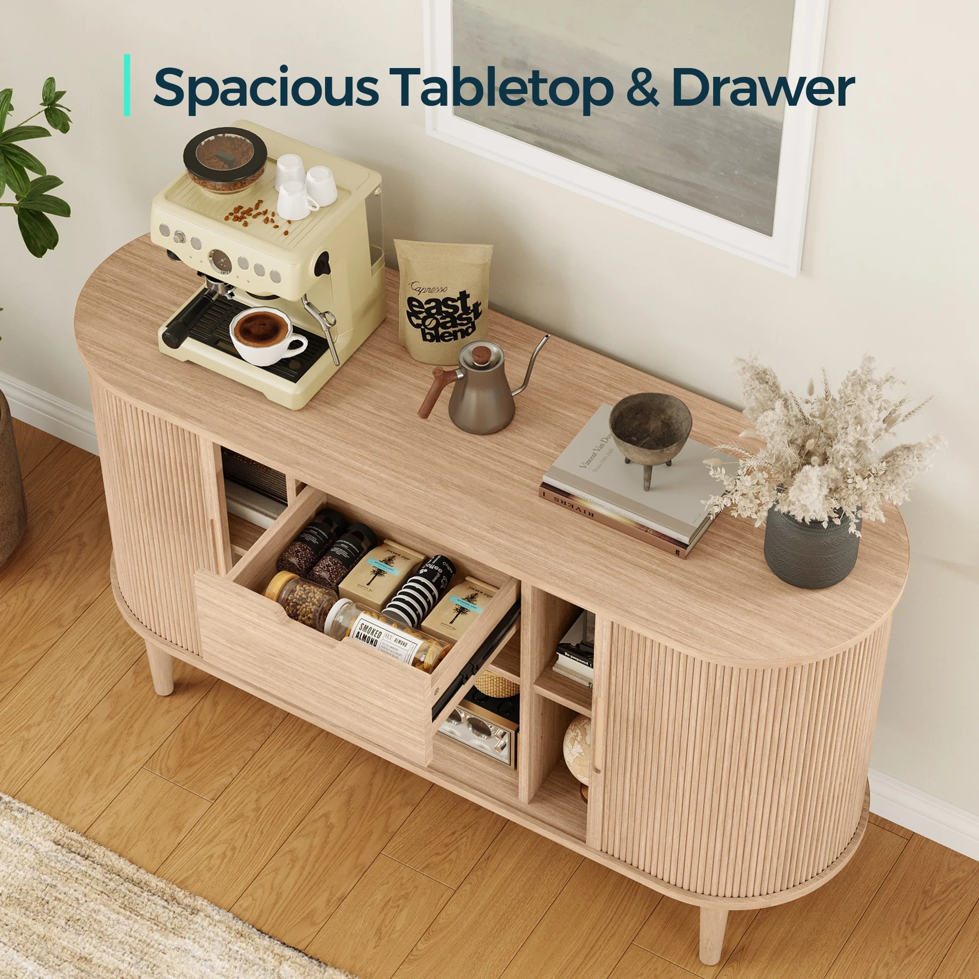 LINSY HOME Fluted Pantry Storage Cabinet, Kitchen Cabinets with Sliding Tambour Door, Wide Storage Cabinet with Removable & Adjustable Shelves for Dining Room, Living Room, Bathroom, Oak - Image 8