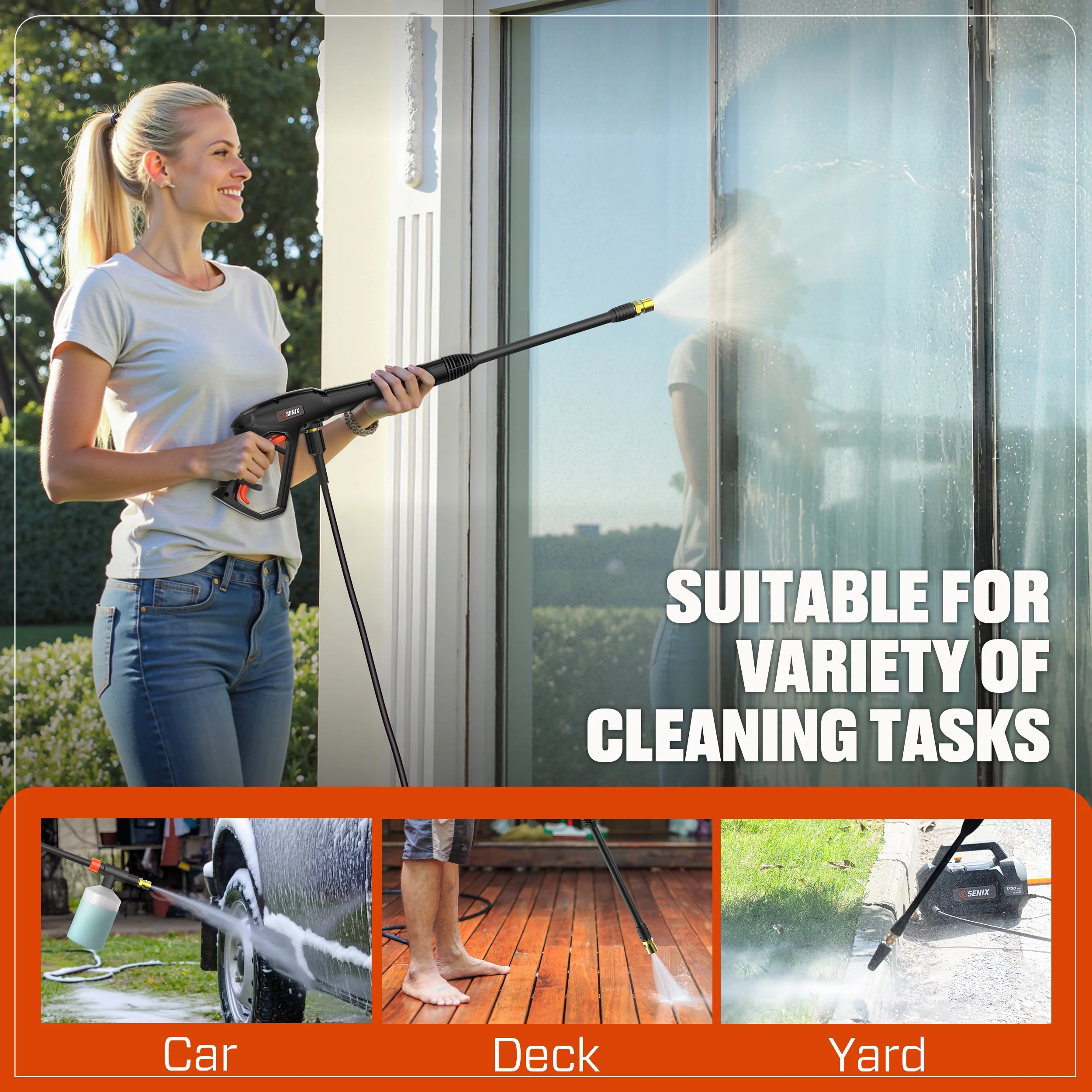 SENIX 2100 PSI Electric Pressure Washer with Foam Cannon, Brushless Motor,Lightweight & Portable, for Car House Patio Driveway Deck Fence, Outdoor Cleaning Power Washer - Image 7