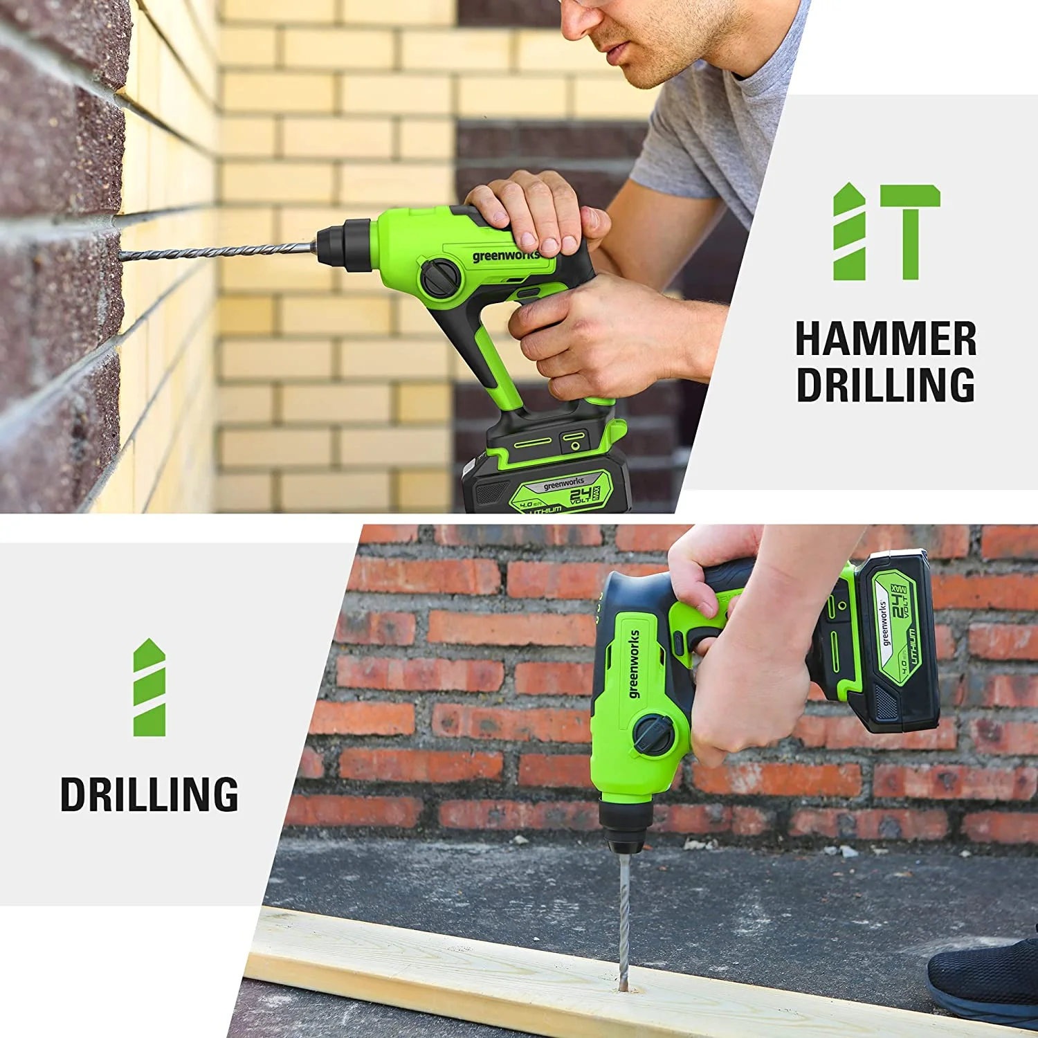 Greenworks 24V Brushless SDS 1.2J Rotary Hammer with 4Ah USB Battery and 2A (1H) Adaptor Charger - Image 4