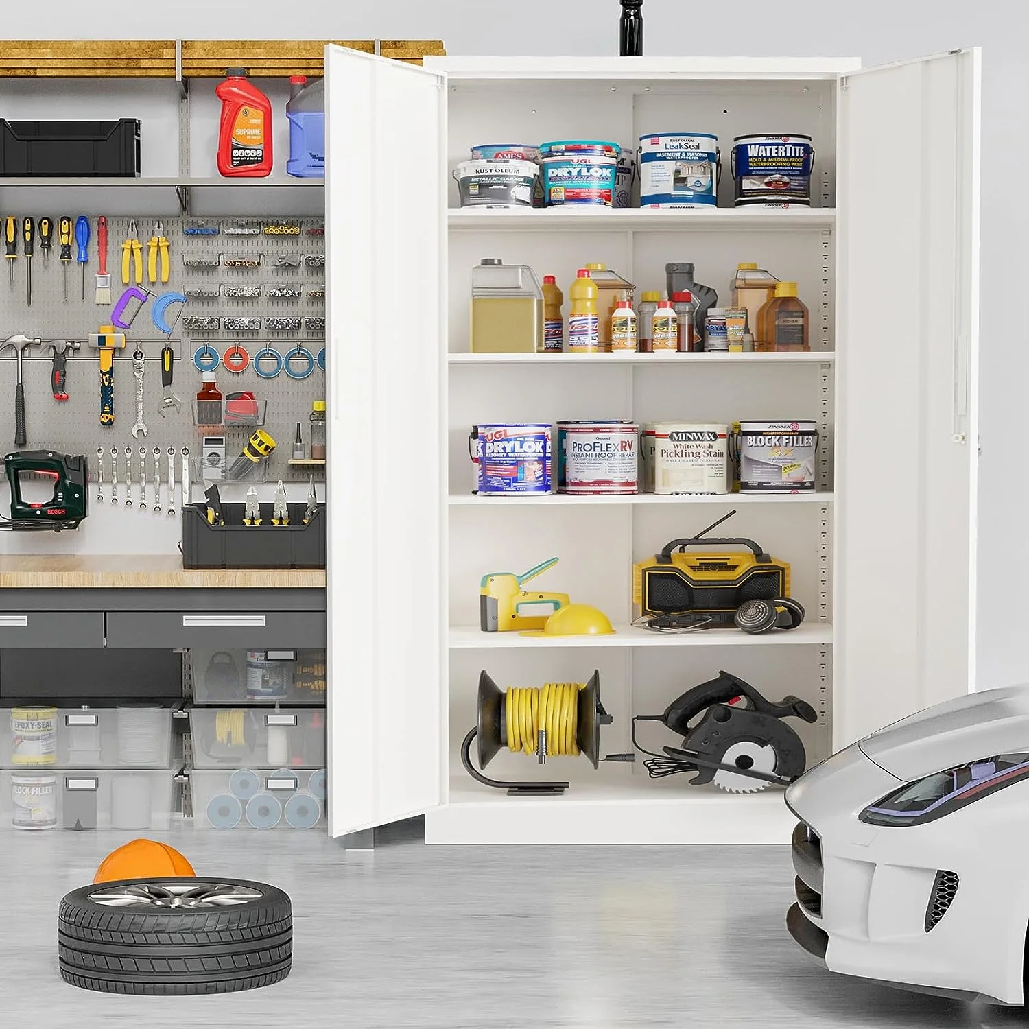 Odaof Metal Garage Storage with 2 Doors and 4 Adjustable Shelves,71" Lockable Tall Steel Cabinet for Office,Garage,School,Home (White) - Image 9