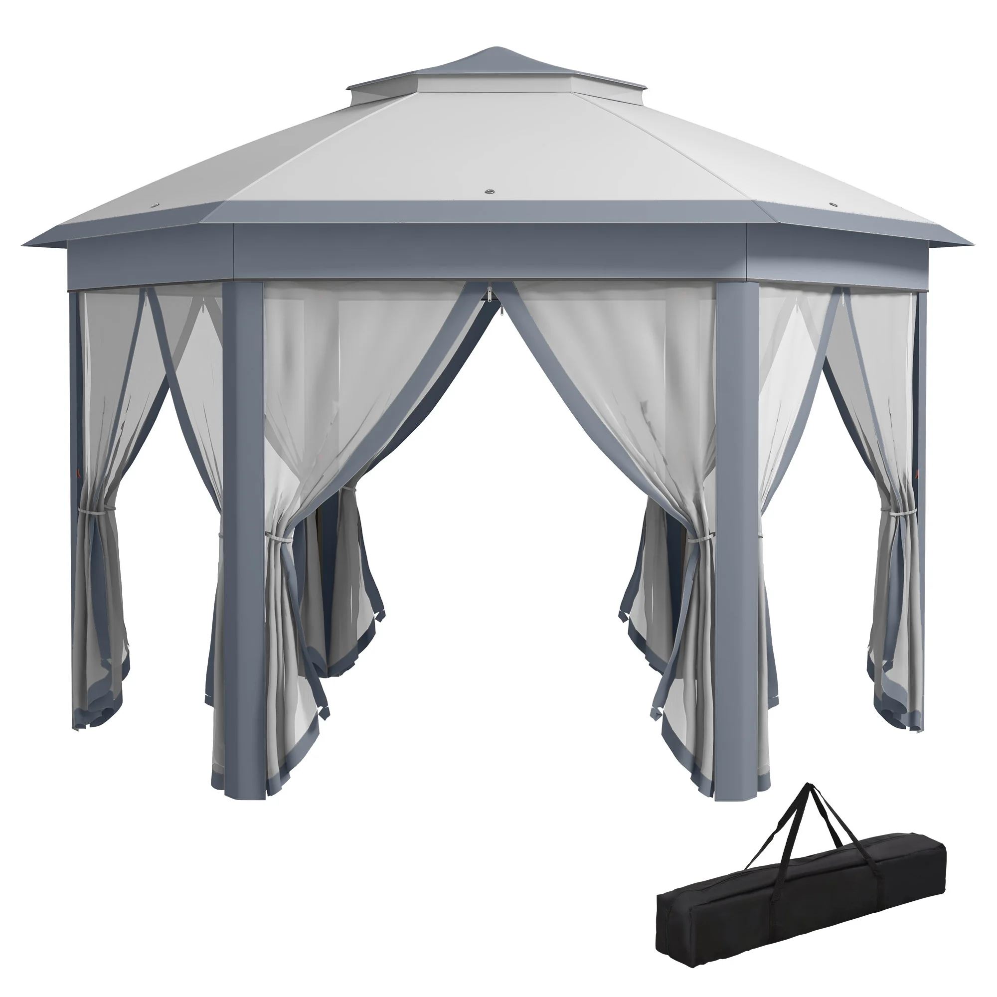 Outsunny 13' x 13' Pop Up Gazebo Hexagonal Canopy with 6 Zippered Mesh Netting, 2-Tier Roof Event Tent with Steel Frame for Patio Backyard, Gray - Image 2