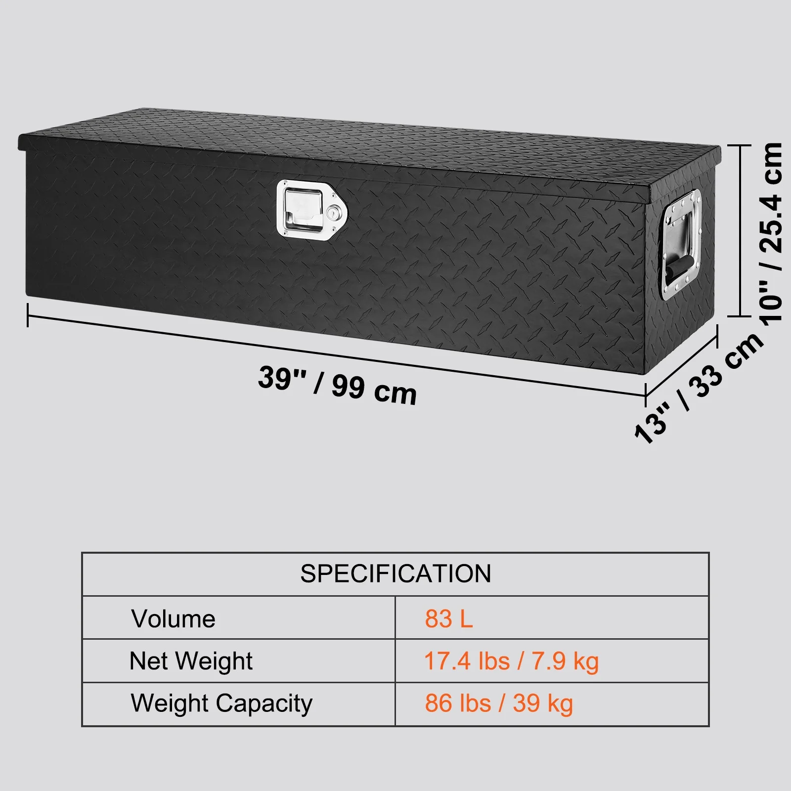 VEVOR Heavy Duty Aluminum Truck Bed Tool Box, Diamond Plate Tool Box with Side Handle and Lock Keys,Storage Tool Box Chest Box Organizer for Pickup,Truck Bed, RV, Trailer,39"x13"x10",Black - Image 7