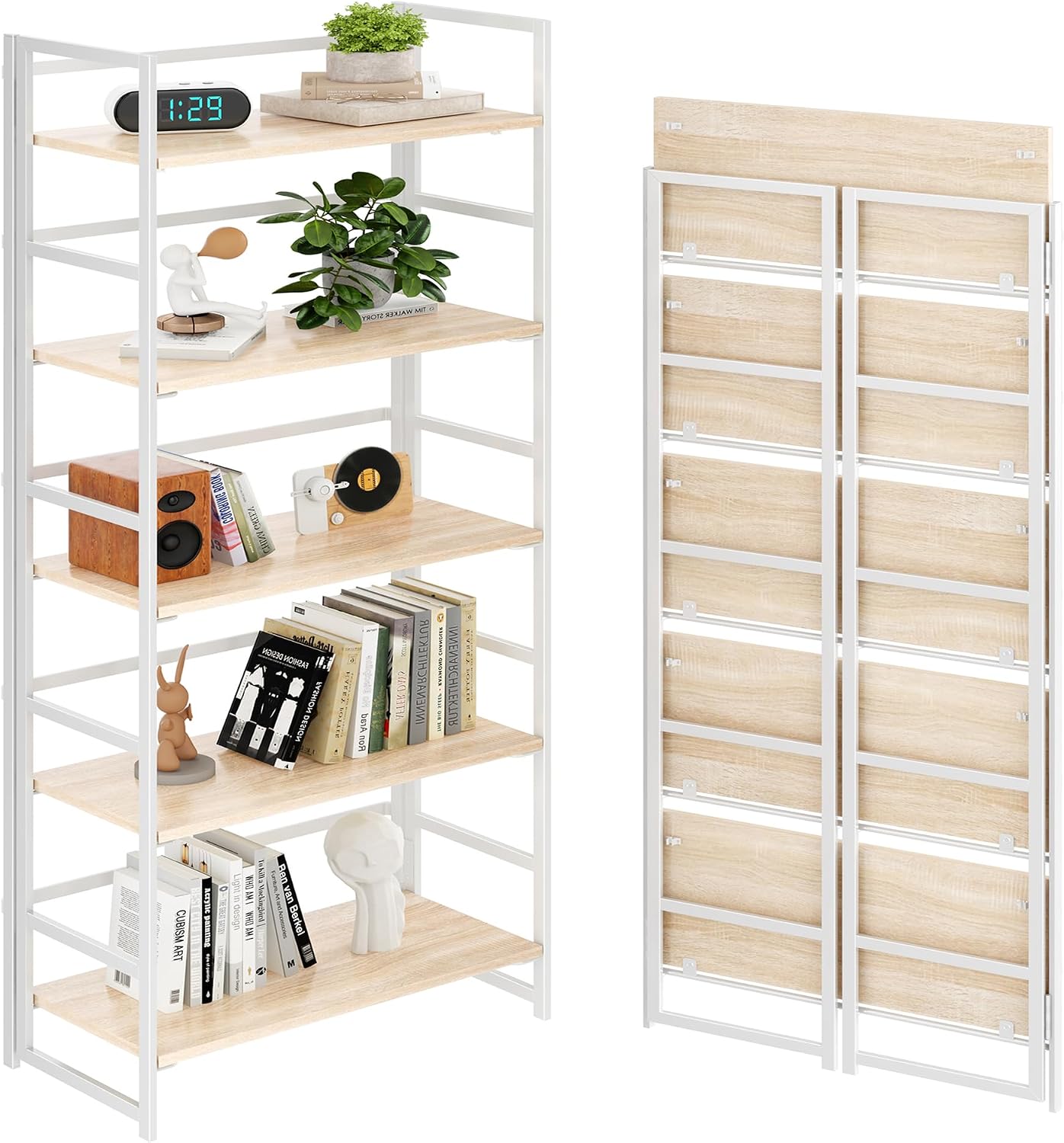 Vintage Multifunctional Folding Bookshelf, No-Assembly Plant Stand Storage Rack Shelves for Home Office (White, 5-Tier) - Image 13
