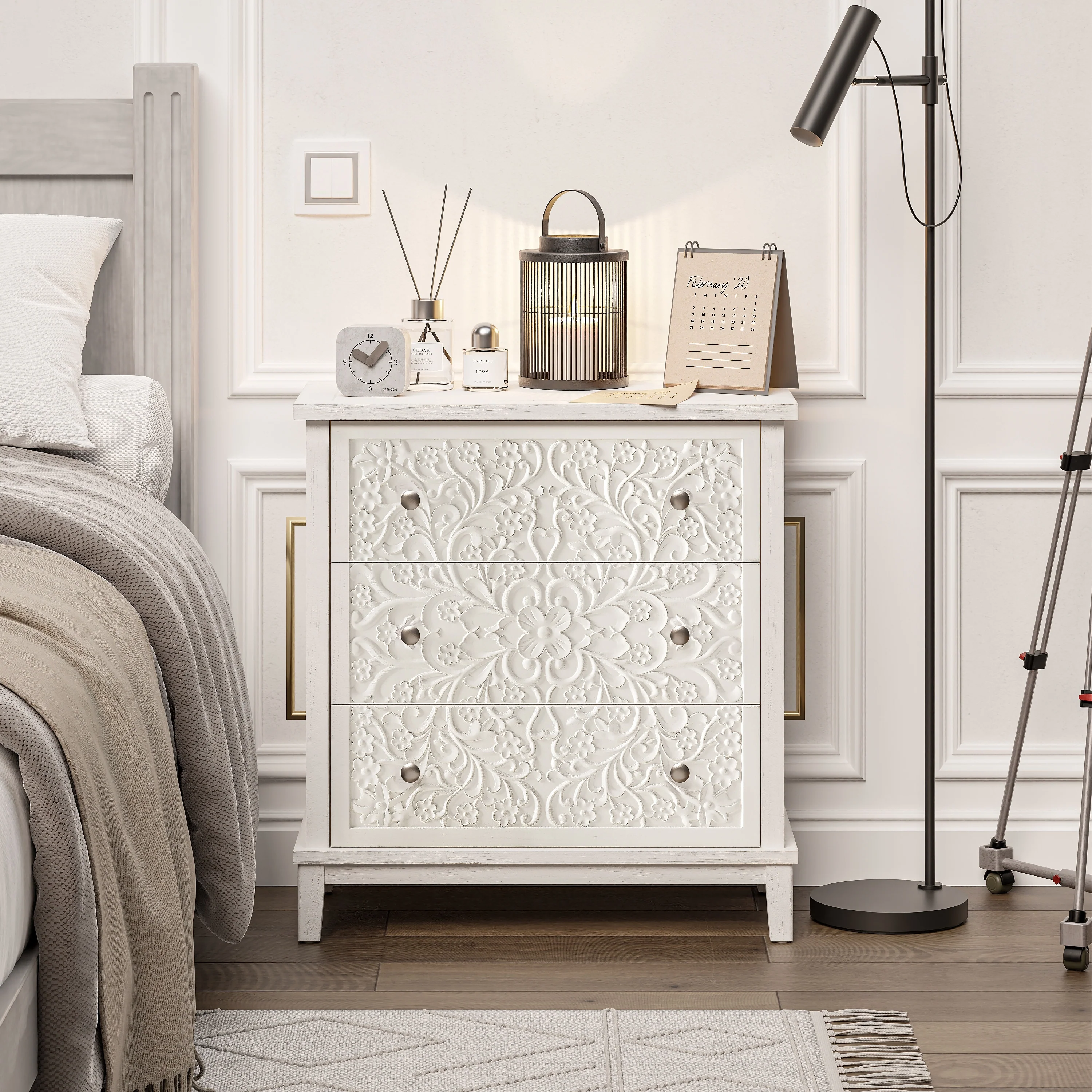 Farmhouse Fully Assembled Nightstand with 2 Drawers, Flower Motif End Table for Small Spaces - Image 4
