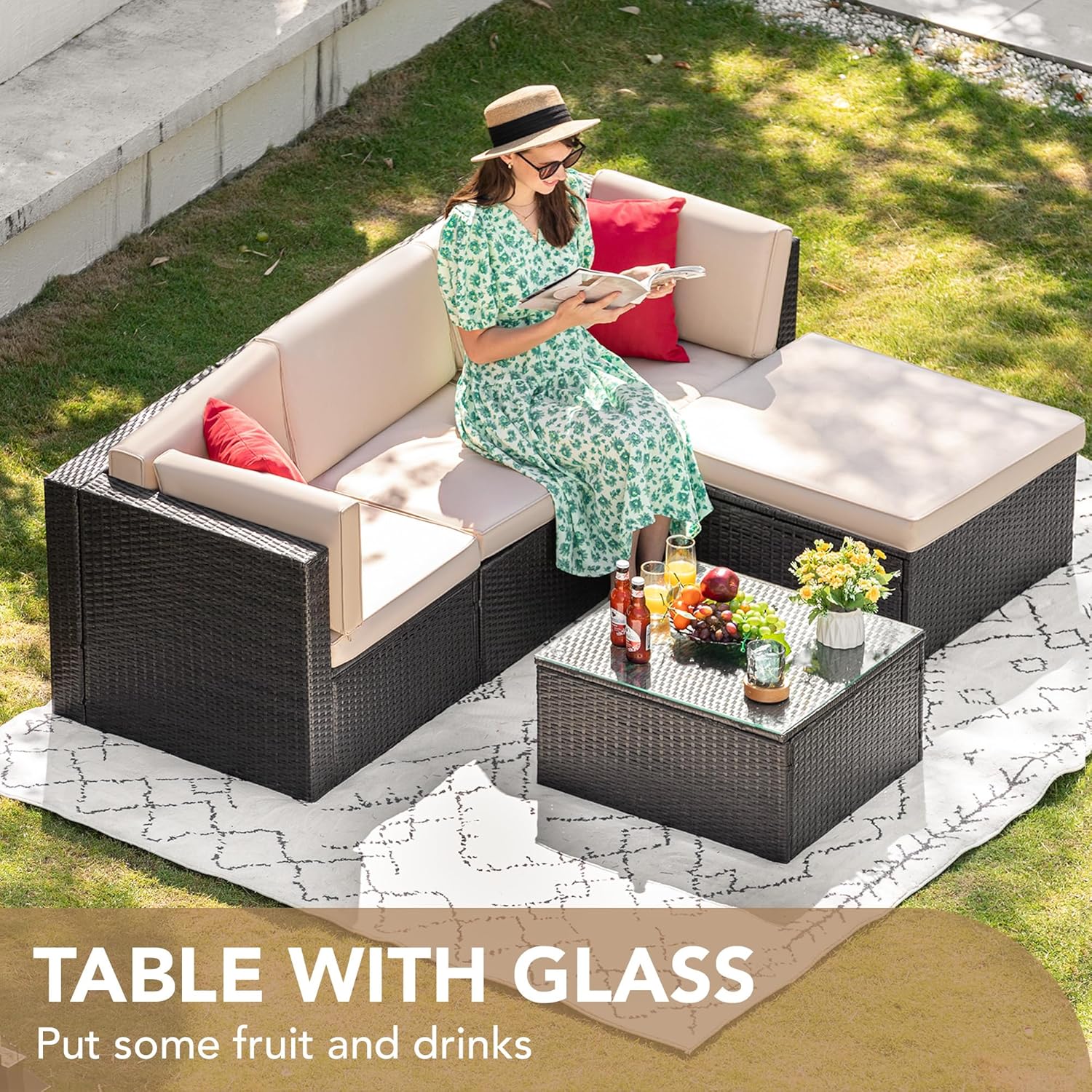 5-Piece All-Weather Patio Furniture Set with Cushions, Outdoor Wicker Conversation Sofa Set for Garden, Deck & Backyard - Image 8