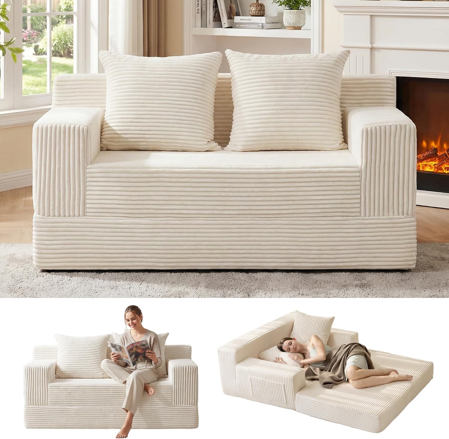 Convertible Sofa Bed, Loveseat Folding Floor Futon Sleeper Sofa Couch Bed- Boneless Foldable Couch, Corduroy Pull Out Sofa Bed with 2 Pillows for Living Room & Bedroom - Image 13