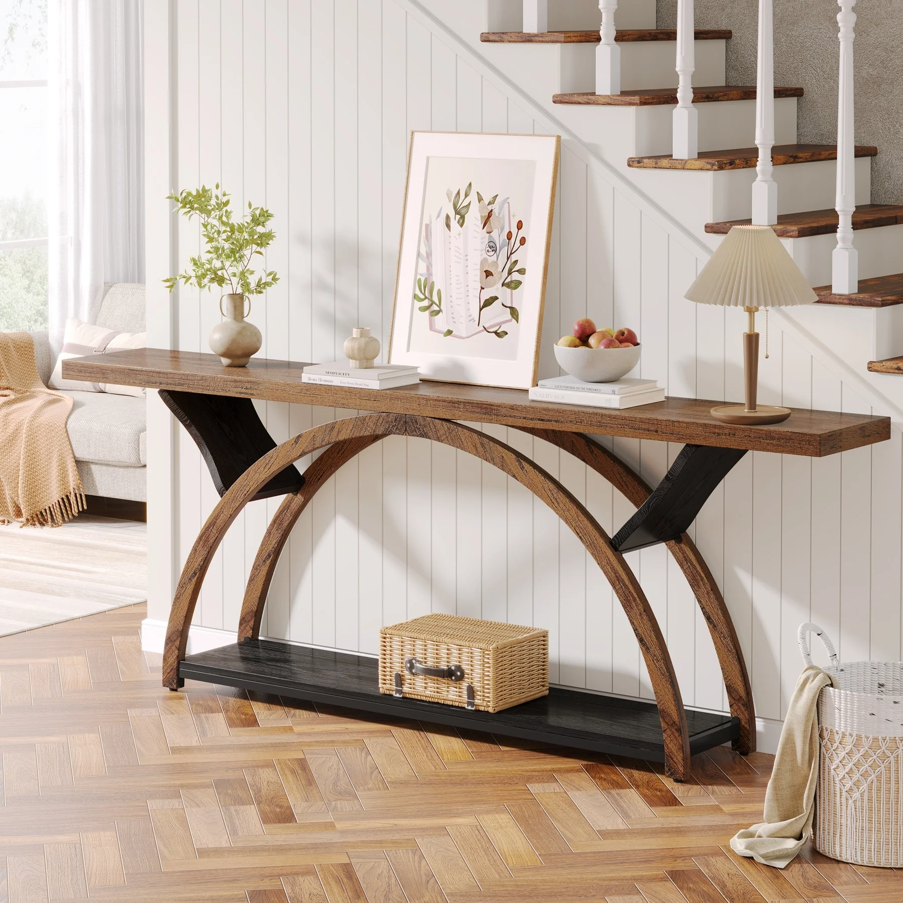 Gray 2-Tier Slim Console Sofa Table, Semi-Circular Metal Frame for Hallway - Image 21