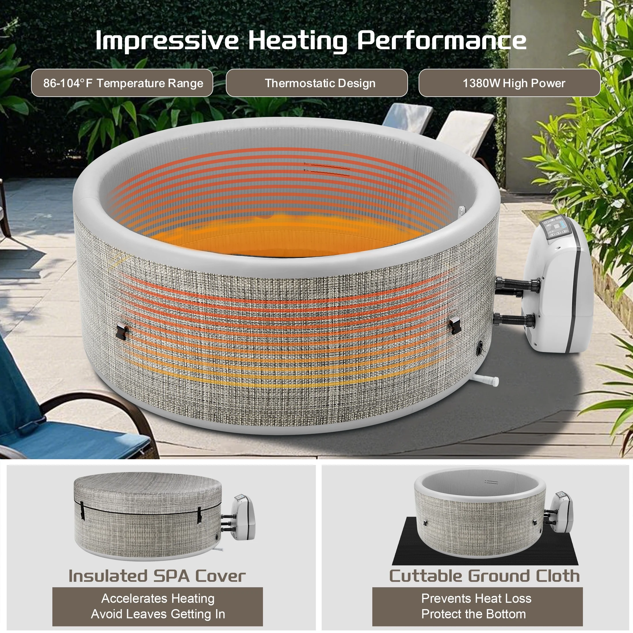 Segmart Inflatable Hot Tub, 3 to 5 Person Outdoor Hot Tub Spa, Portable Round Hot Tub w/100 Jets, Heater Pump, Tub Cover, Ground Cloth, 211Gal Capacity, Fits for Backyard, Patio - Image 4