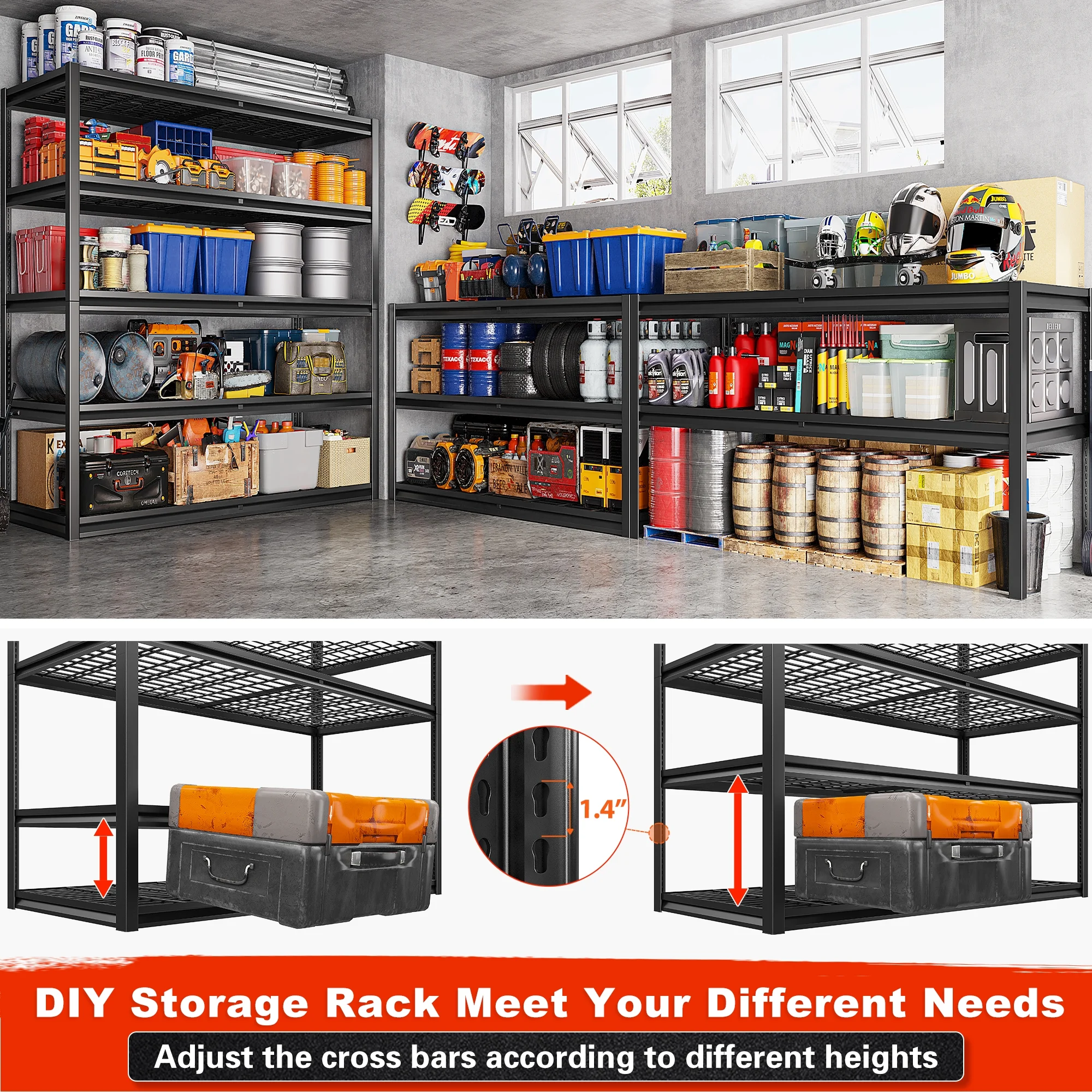 REIBII 55" W Wire Shelving Garage Shelves Heavy Duty 3000lbs Adjustable 5-Tier Storage Rack - Image 6