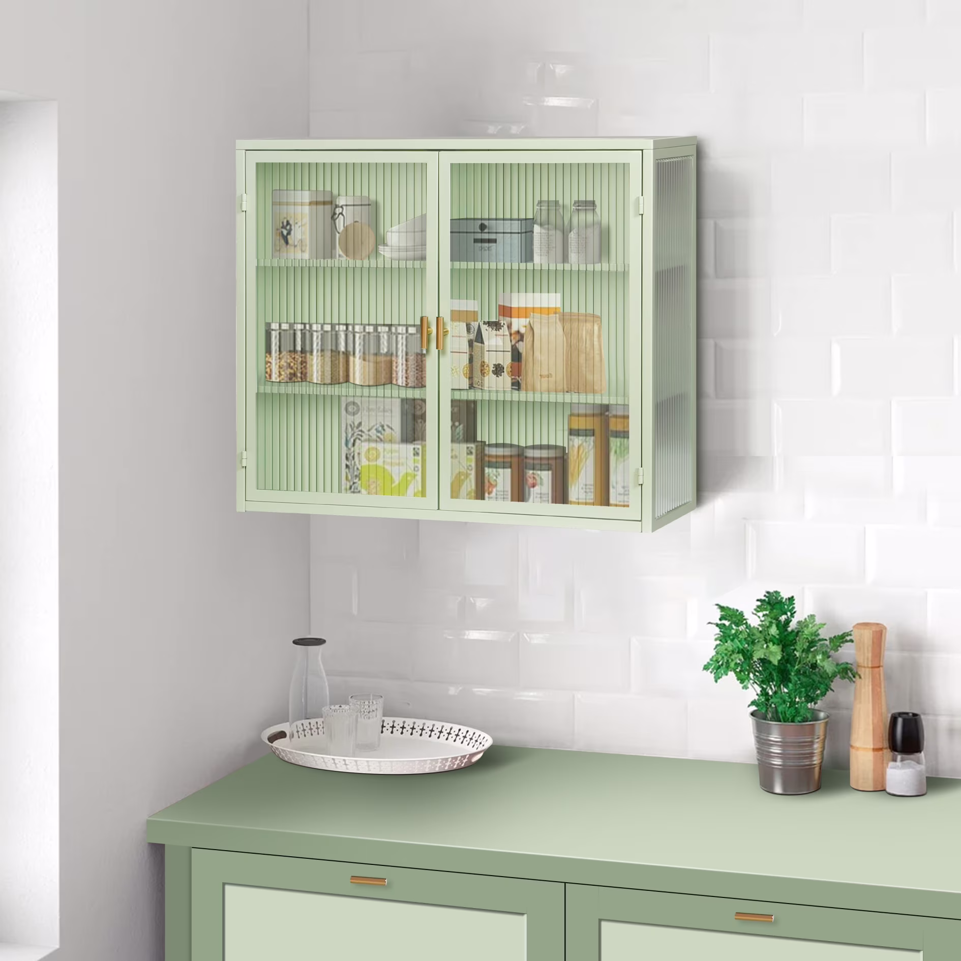 Two-door Wall Cabinet, Modern Kitchen Wall Mounted Cabinet with 2 Glass Doors, Two-tier Enclosed Storage, an Open Shelf, Towel Rack, Metal Wall Cabinet for Entryway, Living Room, Bathroom, White - Image 5
