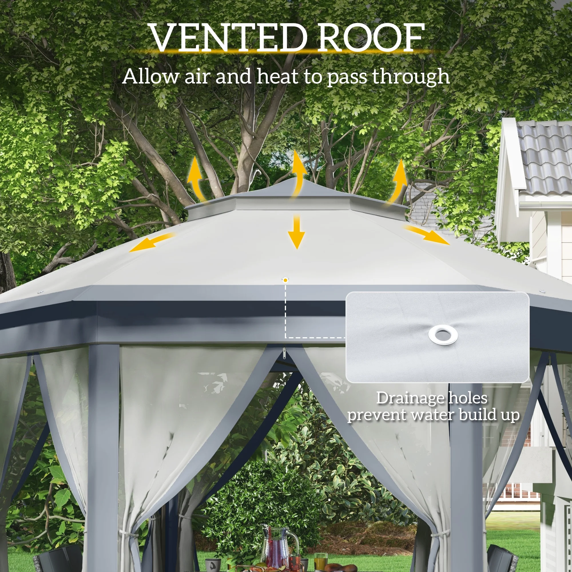 Outsunny 13' x 13' Pop Up Gazebo Hexagonal Canopy with 6 Zippered Mesh Netting, 2-Tier Roof Event Tent with Steel Frame for Patio Backyard, Gray - Image 6