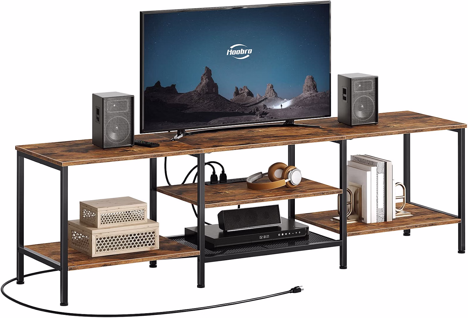 TV Stand with Power Outlets to 75 Inches, TV Console Table with Open Storage Shelves Cabinet, Industrial Media Entertainment Center for Living Room Bedroom, Rustic Brown and Black BF80DS01 - Image 2