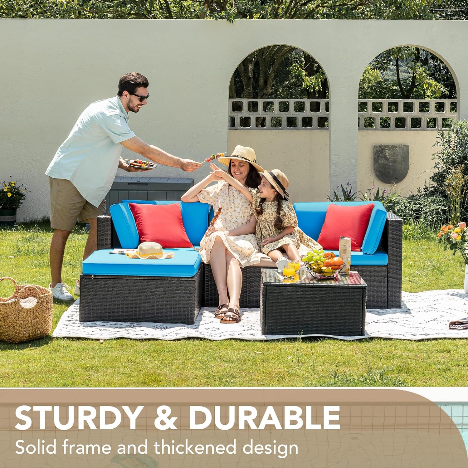 5-Piece All-Weather Patio Furniture Set with Cushions, Outdoor Wicker Conversation Sofa Set for Garden, Deck & Backyard - Image 20