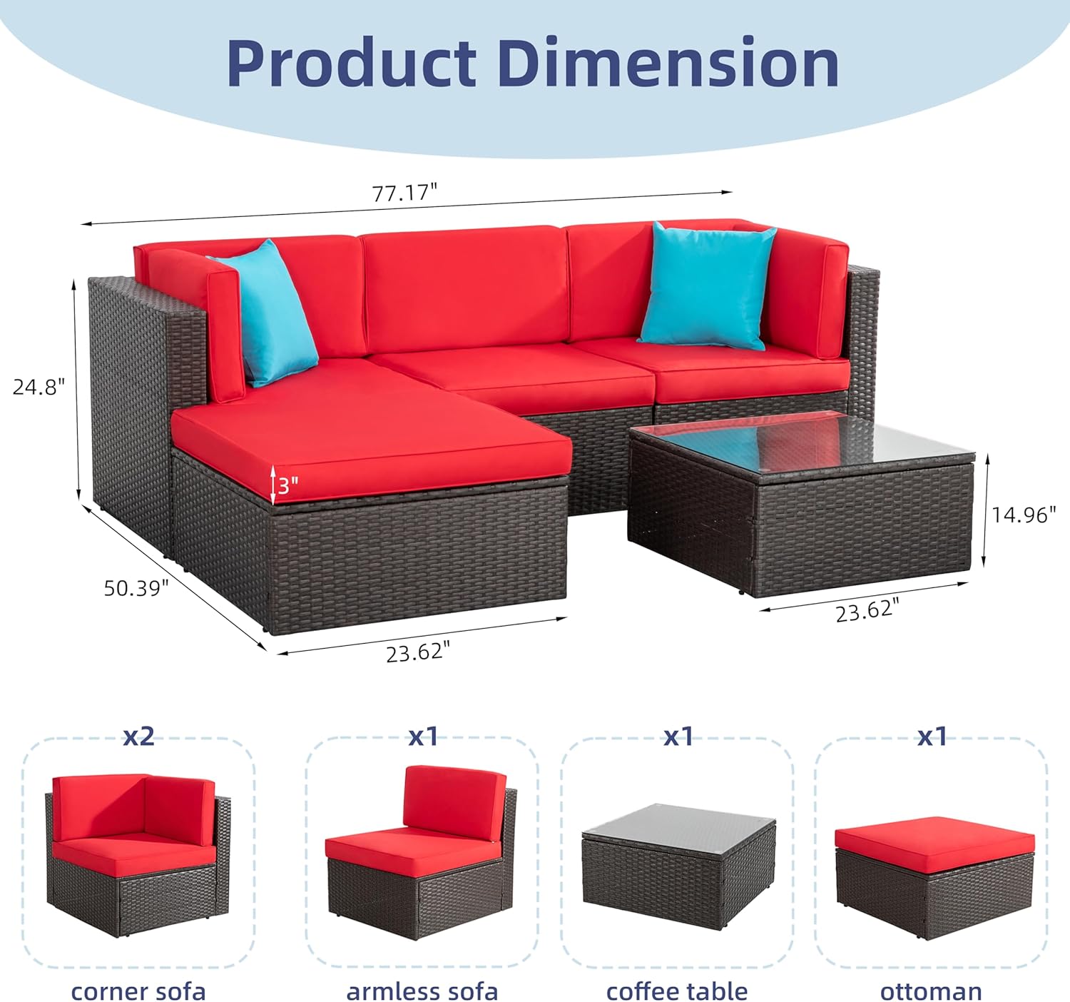 5-Piece All-Weather Patio Furniture Set with Ottoman, Outdoor Wicker Conversation Sofa Set with Cushions for Garden, Deck & Backyard - Image 60