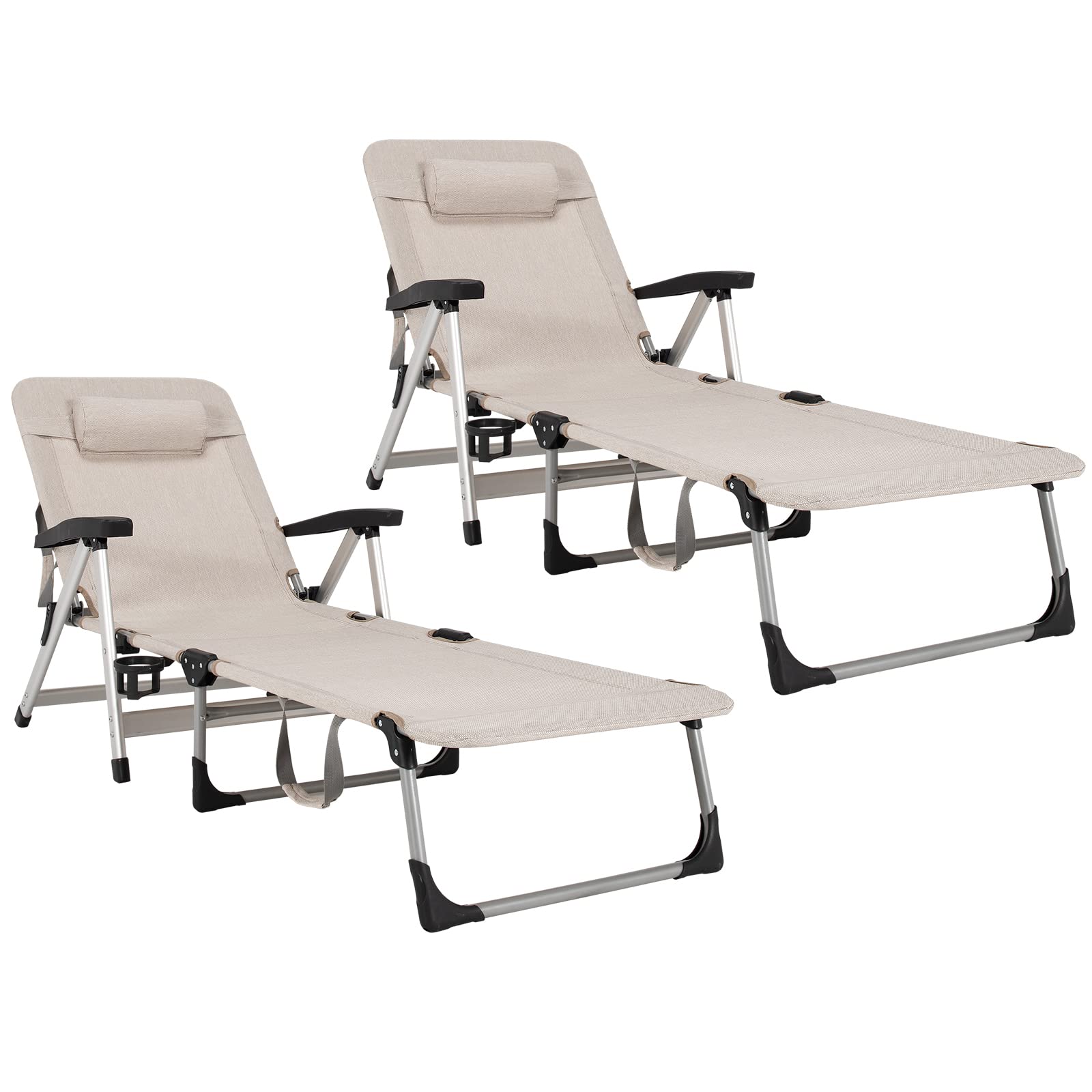 Folding Outdoor Chaise Lounge Chair with Cup Holder and Detachable Headrest - Image 7