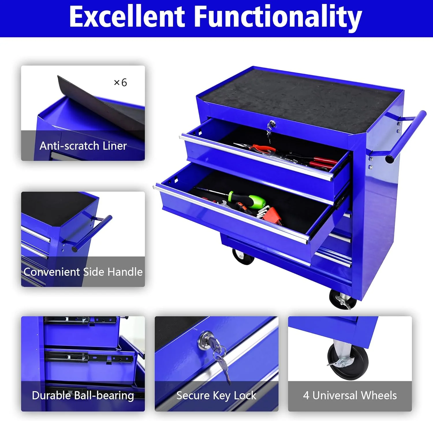 DSstyles Tool Chests, 5-Drawer Rolling Tool Storage Cabinet with Detachable Tray, Multi-Functional Handles, Adjustable Shelves, Secure Locking System, Heavy-Duty Wheels, Ideal for Garage, Workshop - Image 11