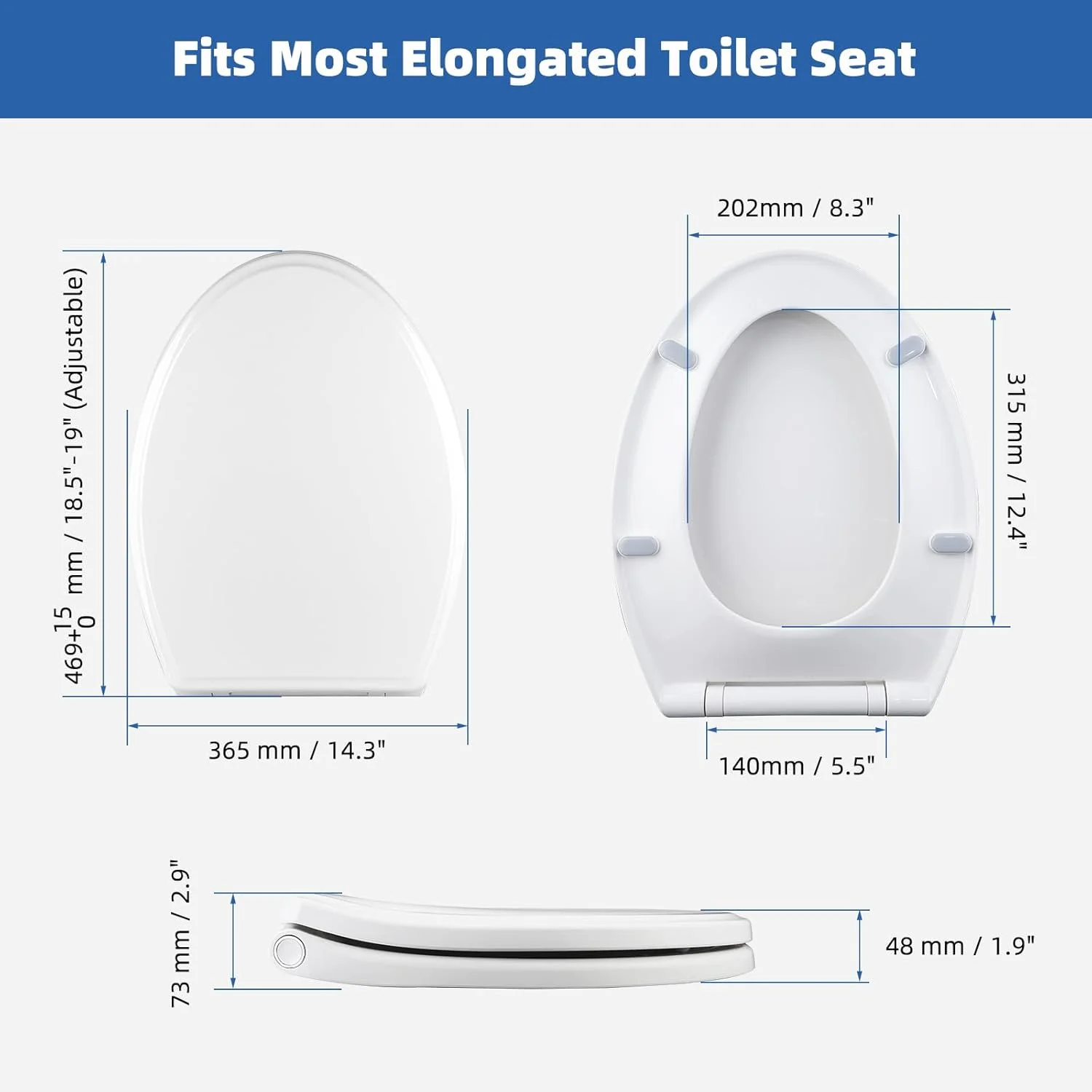 Elongated Toilet Seat with Softclose Cover, One-Click to Quick Release, Easy Installation & Cleaning, Compatible with TOTO/Gerber/Kohler, Non-Slip Toilet Bumpers, White - Image 2