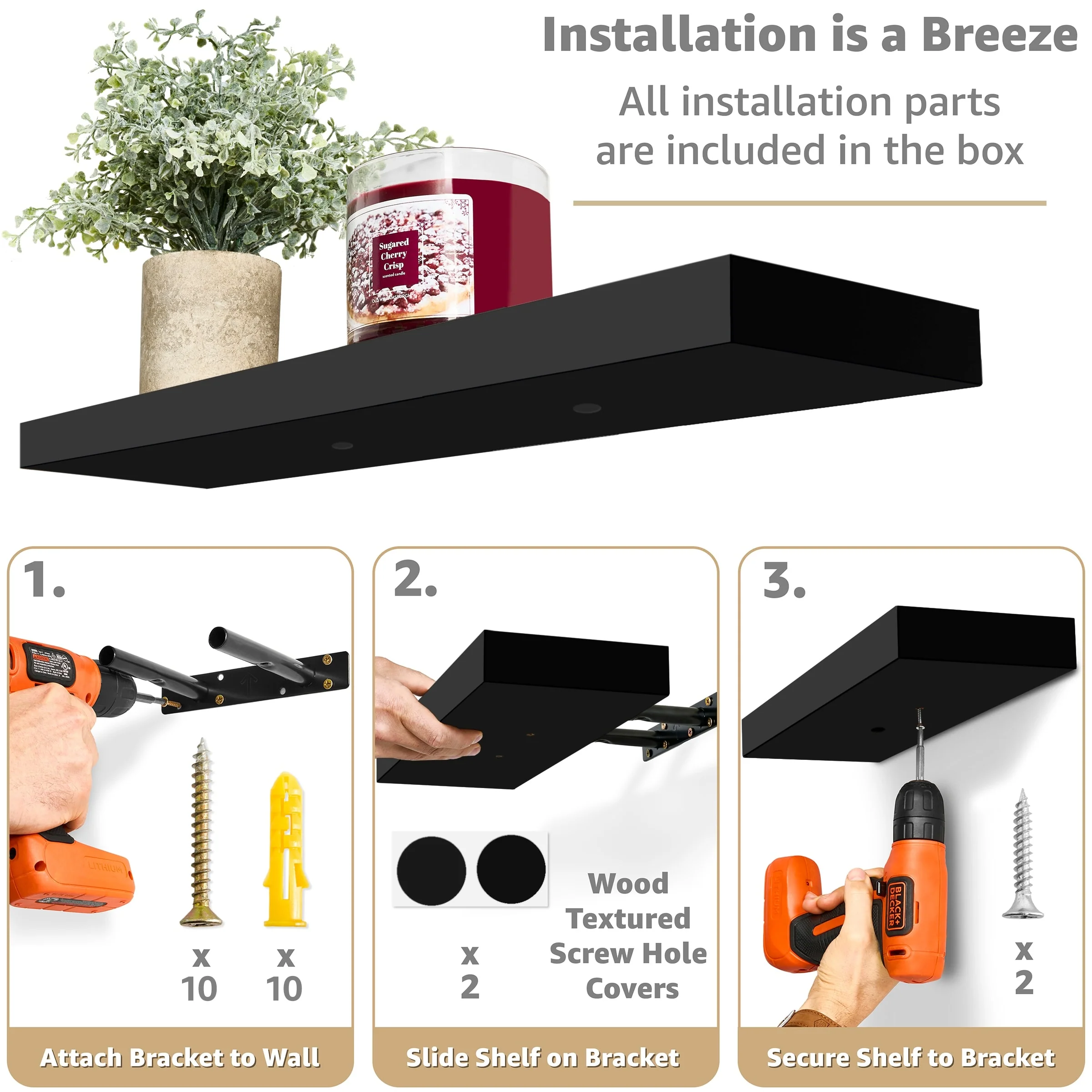Set of 3 Floating Wood Wall Shelves, Wall Mounted Display and Storage Shelves with Invisible Brackets for Books and Home Decor - Image 8