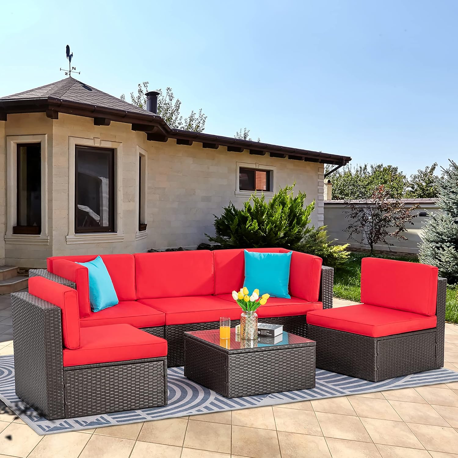 5-Piece All-Weather Patio Furniture Set with Ottoman, Outdoor Wicker Conversation Sofa Set with Cushions for Garden, Deck & Backyard - Image 46