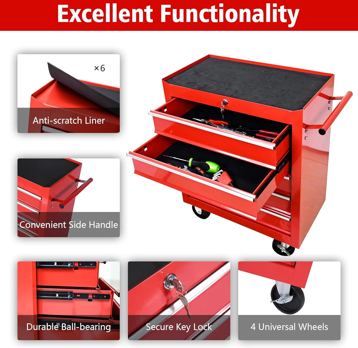 DSstyles Tool Chests, 5-Drawer Rolling Tool Storage Cabinet with Detachable Tray, Multi-Functional Handles, Adjustable Shelves, Secure Locking System, Heavy-Duty Wheels, Ideal for Garage, Workshop - Image 5