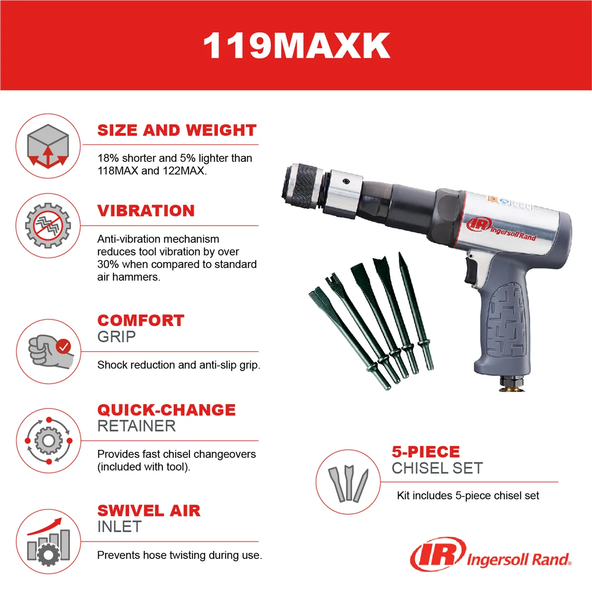 Ingersoll Rand 119MAXK Long Barrel Air Hammer, Low Vibration, for Vehicle Repair - Image 2