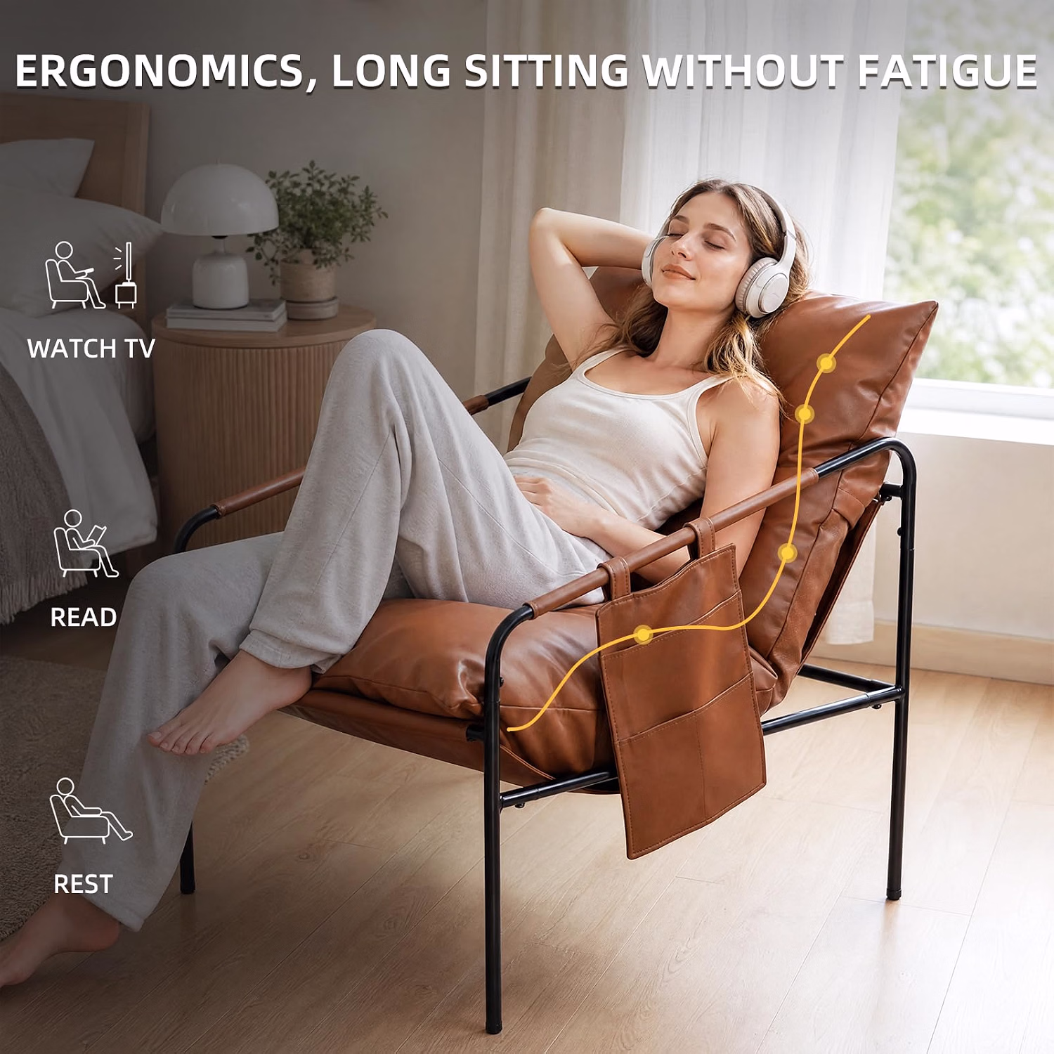Modern Accent Chair, Comfy Armchair, Waterproof Living Room Chair with Storage Pocket, Upholstered Lounge Chair with Metal Frame, Brown - Image 4
