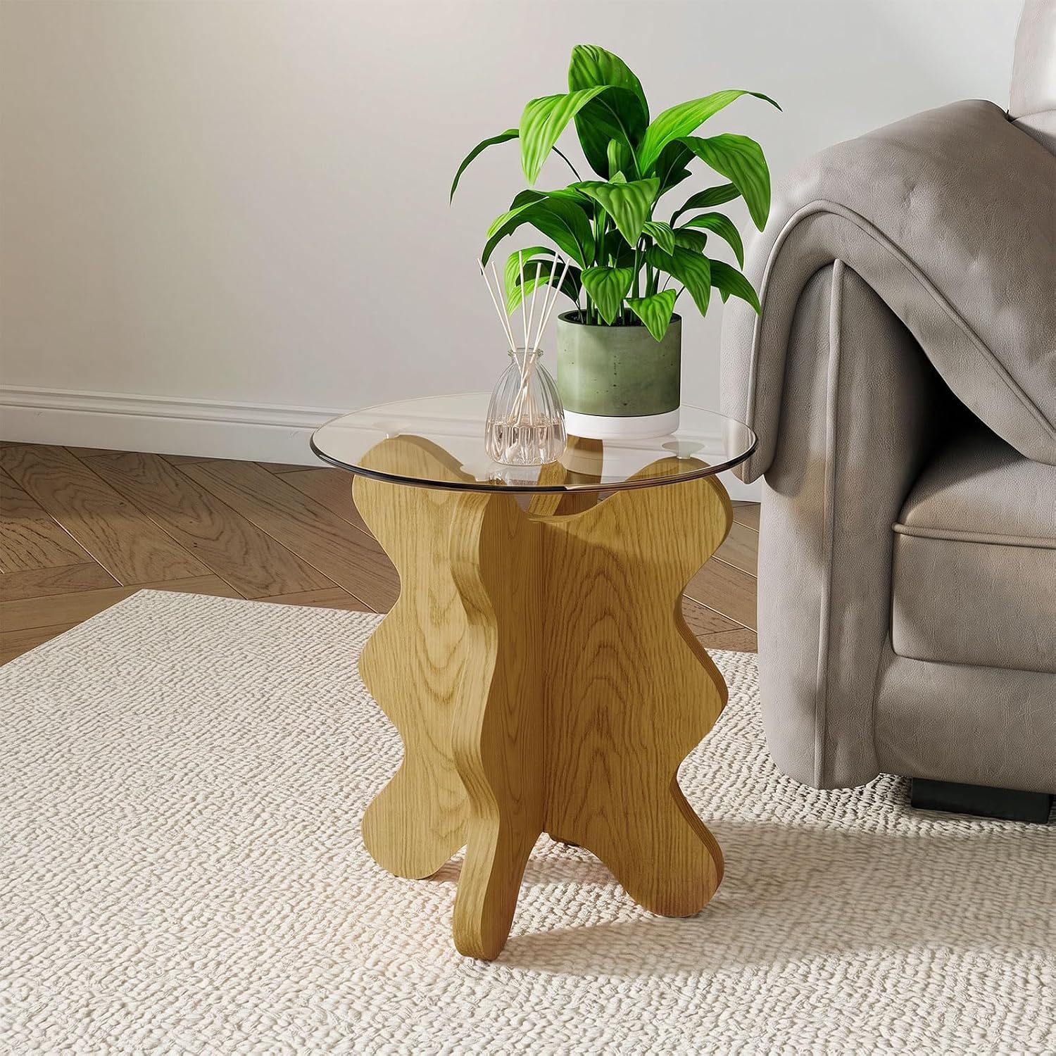 Pumpkin-Shaped Coffee Table with MDF Frame & Amber Tempered Glass Top - Image 4
