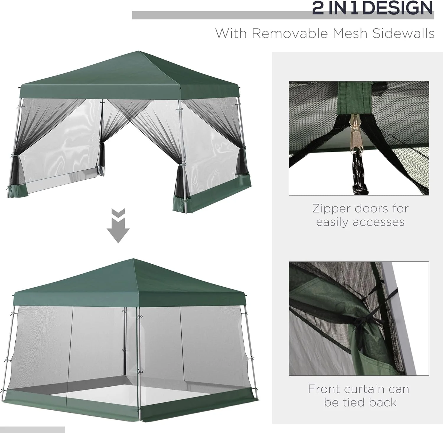 Slant Leg Pop Up Canopy Tent with Netting and Carry Bag, Instant Sun Shelter, Tents for Parties, Height Adjustable, for Outdoor, Garden, Patio, (11.5'x11.5' Base / 10'x10' Top), Green - Image 3