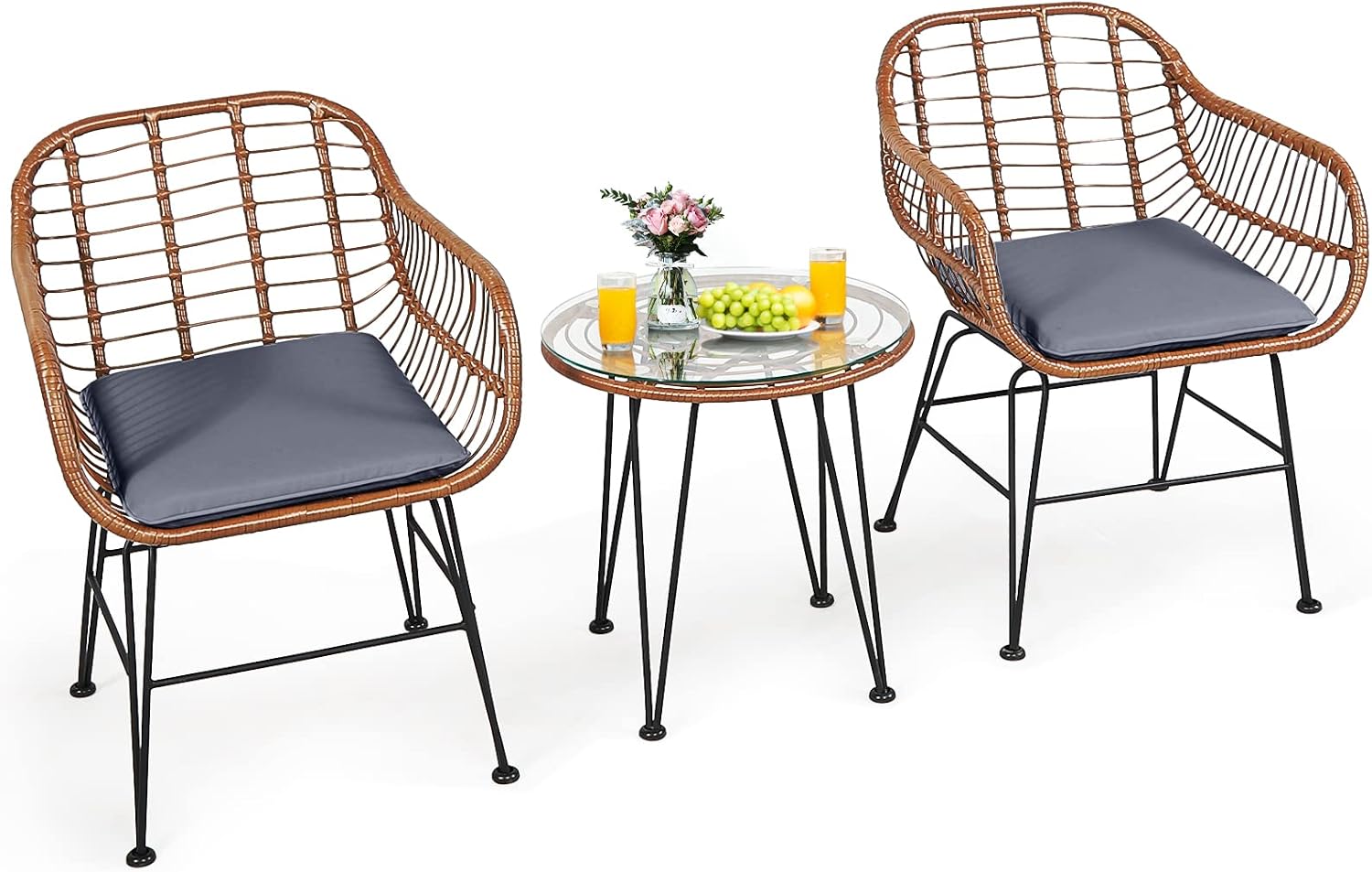 3 Pieces Patio Bistro Set, Rattan Conversation Set with 2 Cushioned Armchairs & Round Glass Coffee Table, Indoor Outdoor Wicker Furniture Set for Balcony, Backyard, Garden, Poolside - Image 5