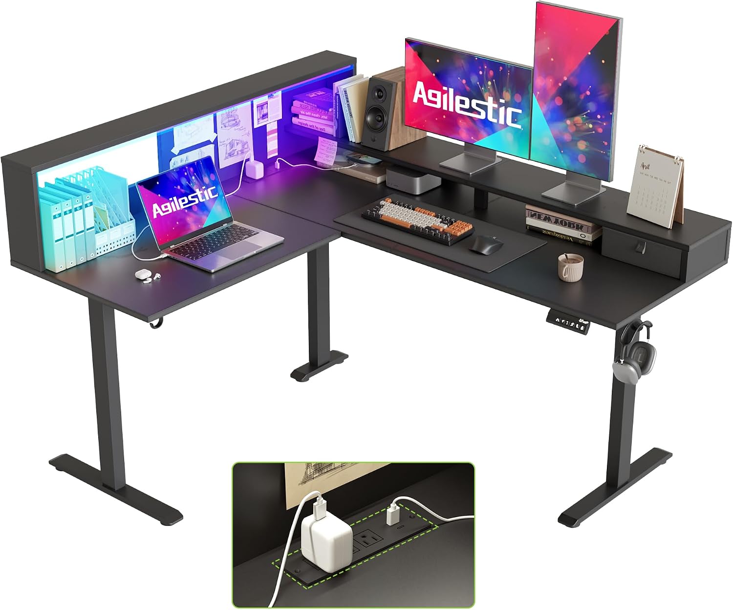 63 Inch L Shaped Electric Standing Desk with Led, Black - Image 6
