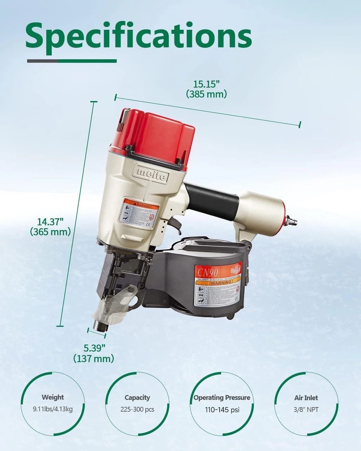 MEITE CN90 Industrial Coil Siding Nailer 15 Degree 2-1/4" to 3-1/2" Pneumatic Coil Nail Gun with Aluminum Housing - Image 2