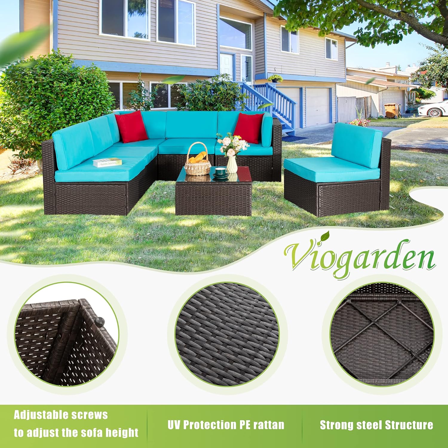 5-Piece All-Weather Patio Furniture Set with Ottoman, Outdoor Wicker Conversation Sofa Set with Cushions for Garden, Deck & Backyard - Image 51