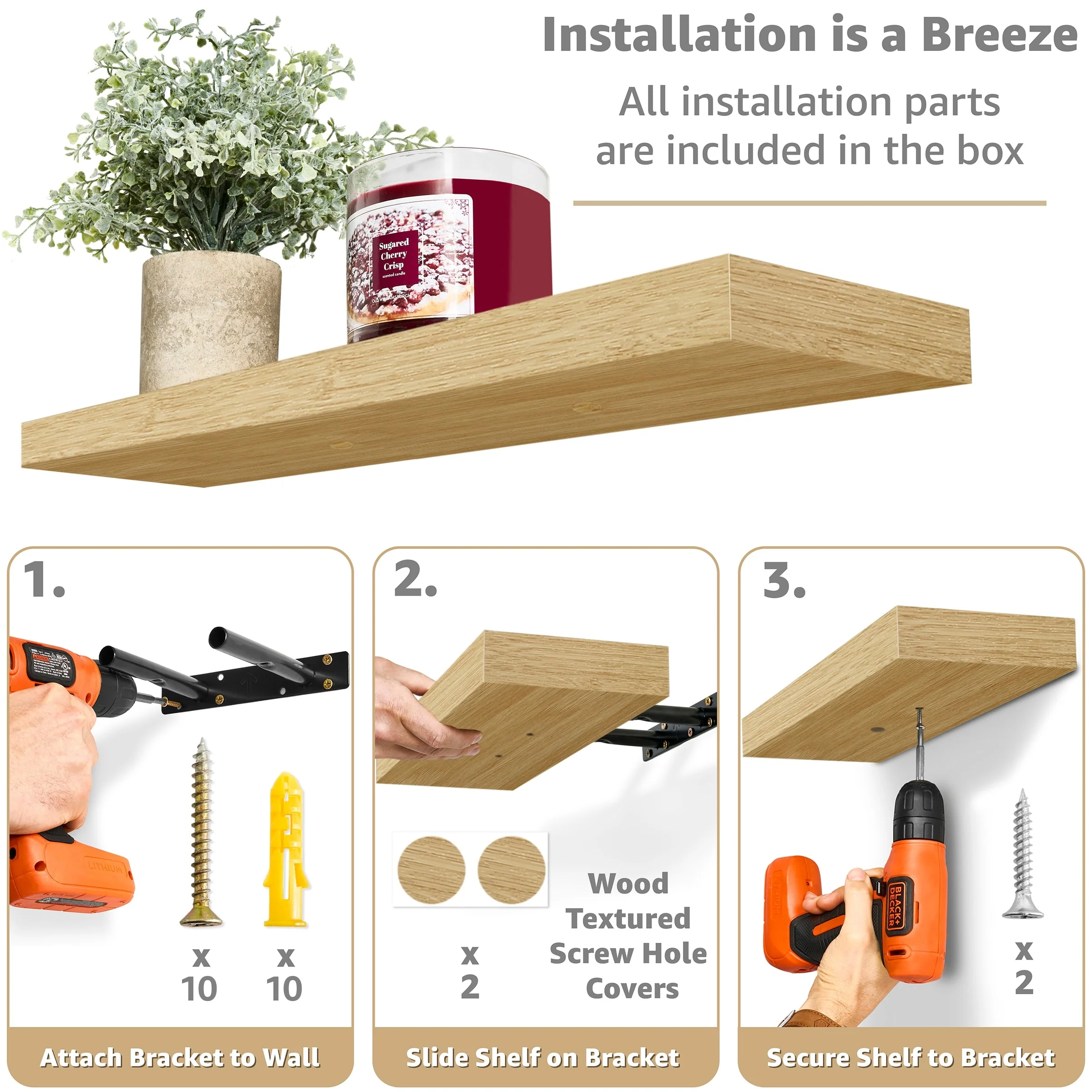 Set of 3 Floating Wood Wall Shelves, Wall Mounted Display and Storage Shelves with Invisible Brackets for Books and Home Decor - Image 21