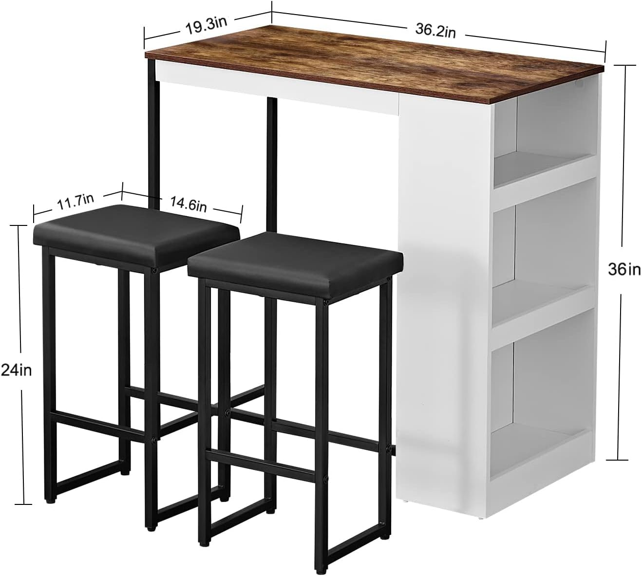 3 Piece Dining Table Set, Kitchen Bar Table with Two Stools, Storage Shelves, Wood Counter Height Table Top with Sew Kerf Finish for Dining Room, Home - Image 3