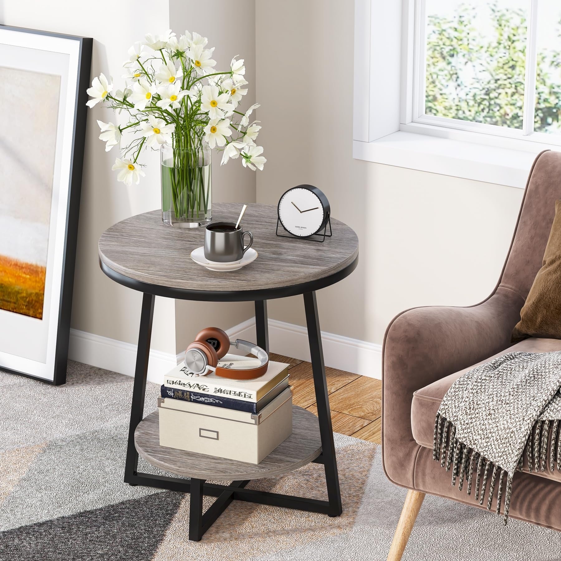 Industrial Round End Table, Small Side Table and Accent Coffee Table for Living Room and Bedroom - Image 12