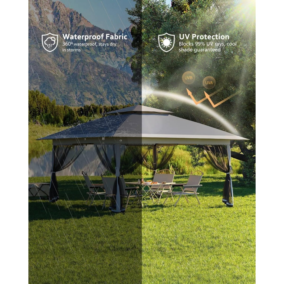 13x13FT with Expansion Bolts, Canopy Tent, Heavy Duty Party Tent & Shelter with Double Roofs, Mosquito Nettings and Privacy Screens Tent for Party, Wedding, Outdoor Dining, Patio, Backyar - Image 34