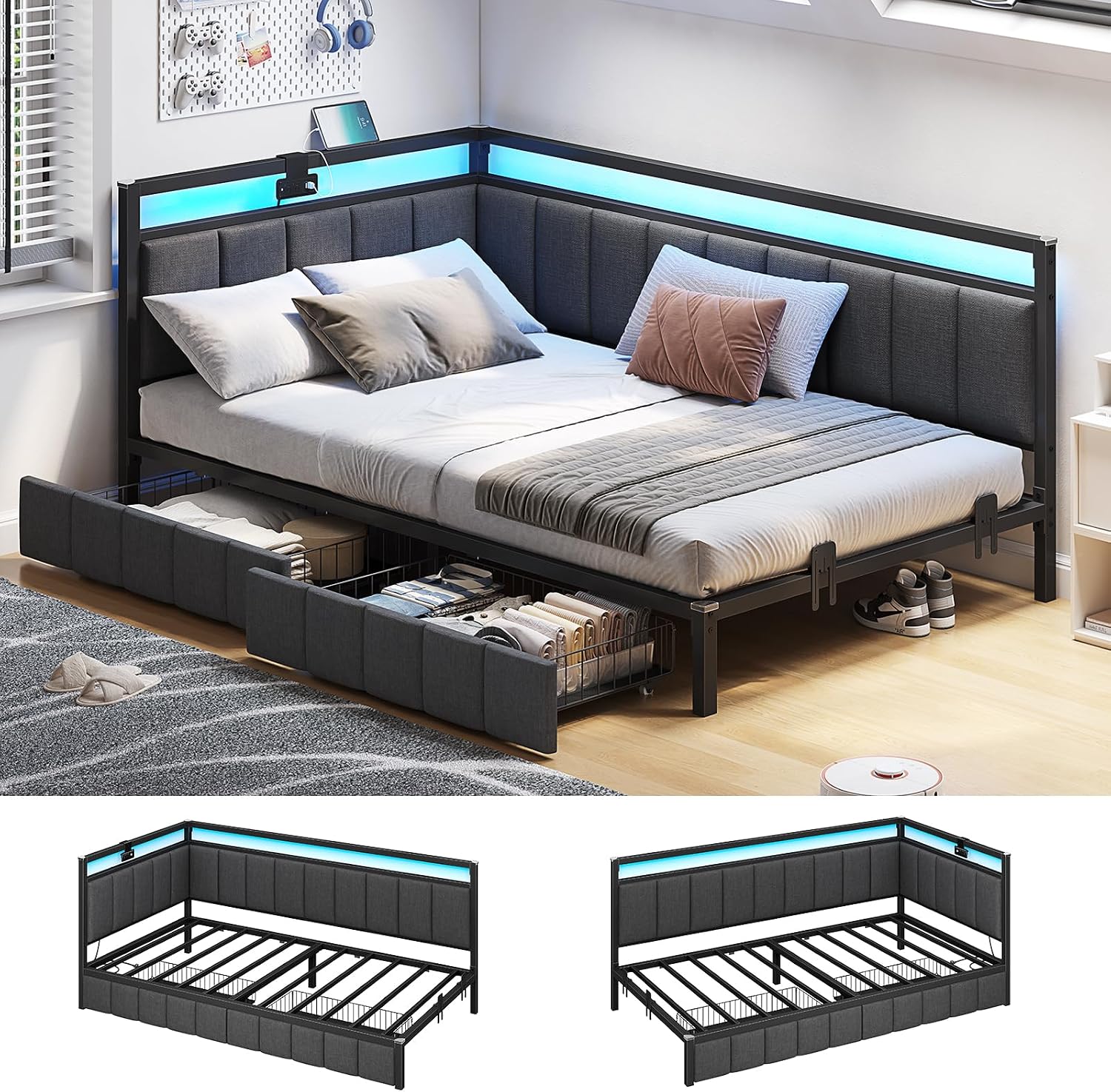 Corner Bed Frame with Storage Drawers, Twin Daybed with Line Fabric Upholstered Fence, Kids Bed Unit with LED Light and Charging Station, Modern Bed Frame Twin Size, Beige - Image 4