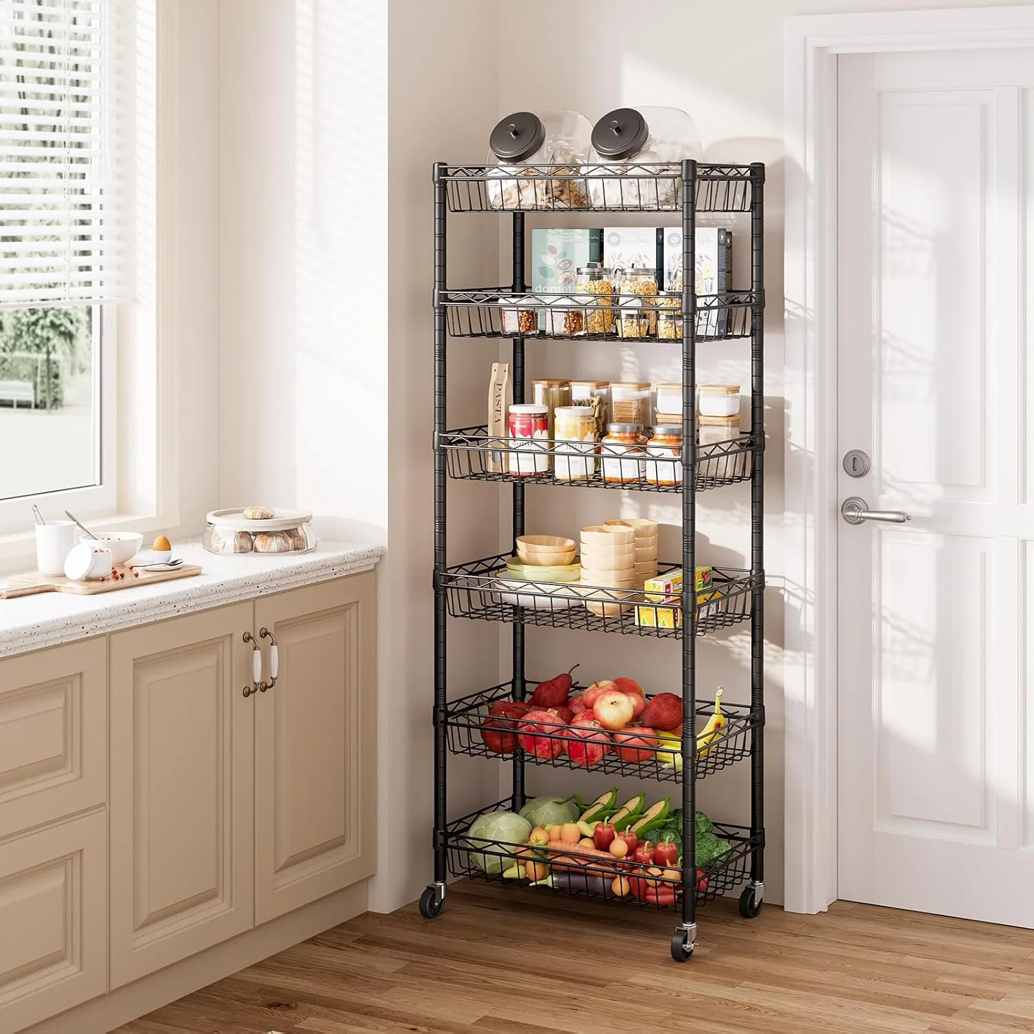 6 Tier Wire Shelving Unit with Wheels Baskets Storage Rack Corner Shelves Adjustable Shelf Closet Bathroom Organizers Metal Pantry Kitchen Garage Laundry Room 13.5" D x 13.5" W x 63" H Silver - Image 18
