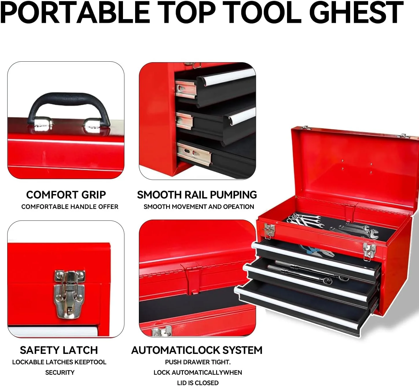 HPDAVV Detachable 3 Drawer Tool Chest Large Storage Cabinet and Adjustable Shelf Red - Image 4