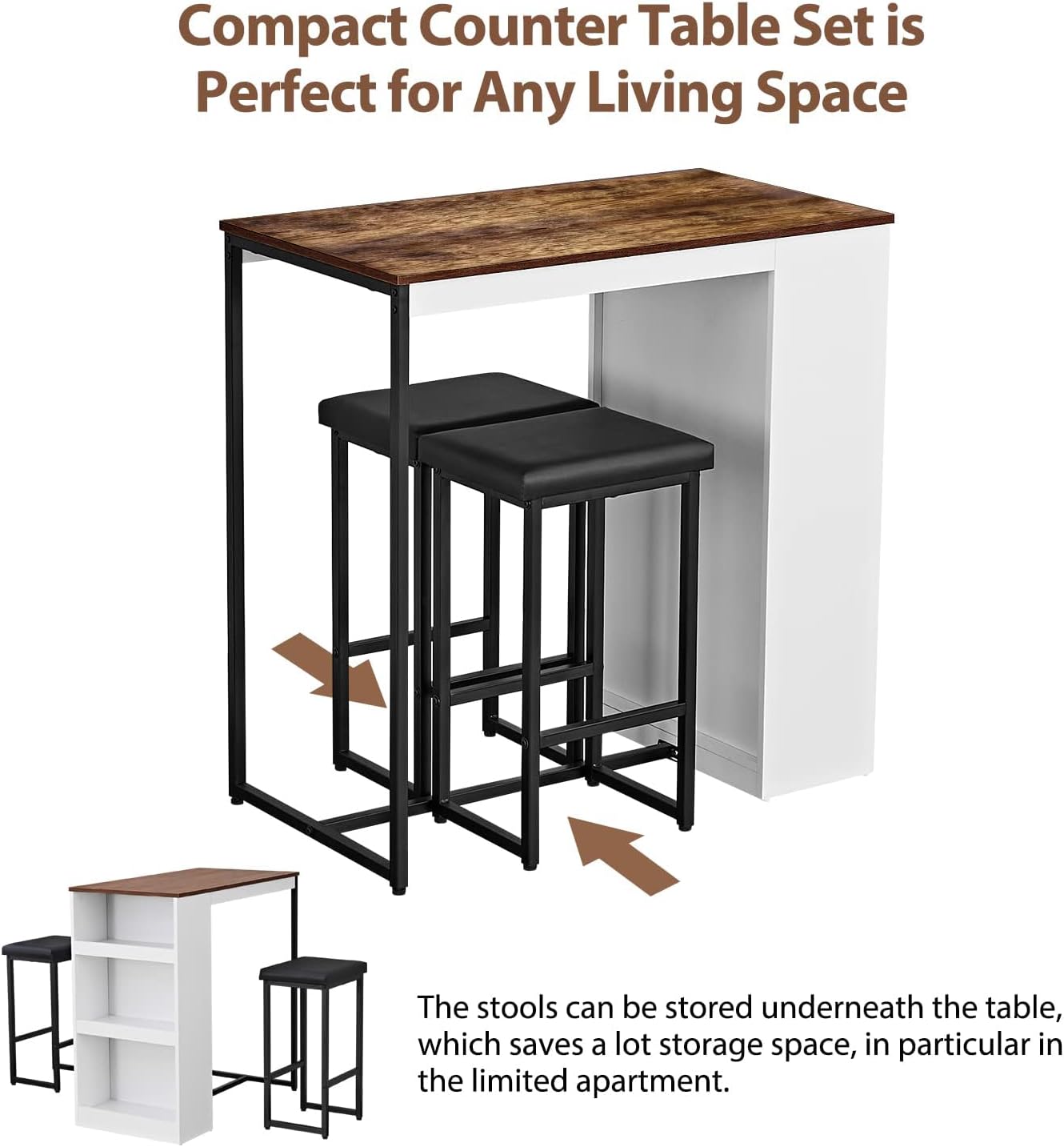 3 Piece Dining Table Set, Kitchen Bar Table with Two Stools, Storage Shelves, Wood Counter Height Table Top with Sew Kerf Finish for Dining Room, Home - Image 4